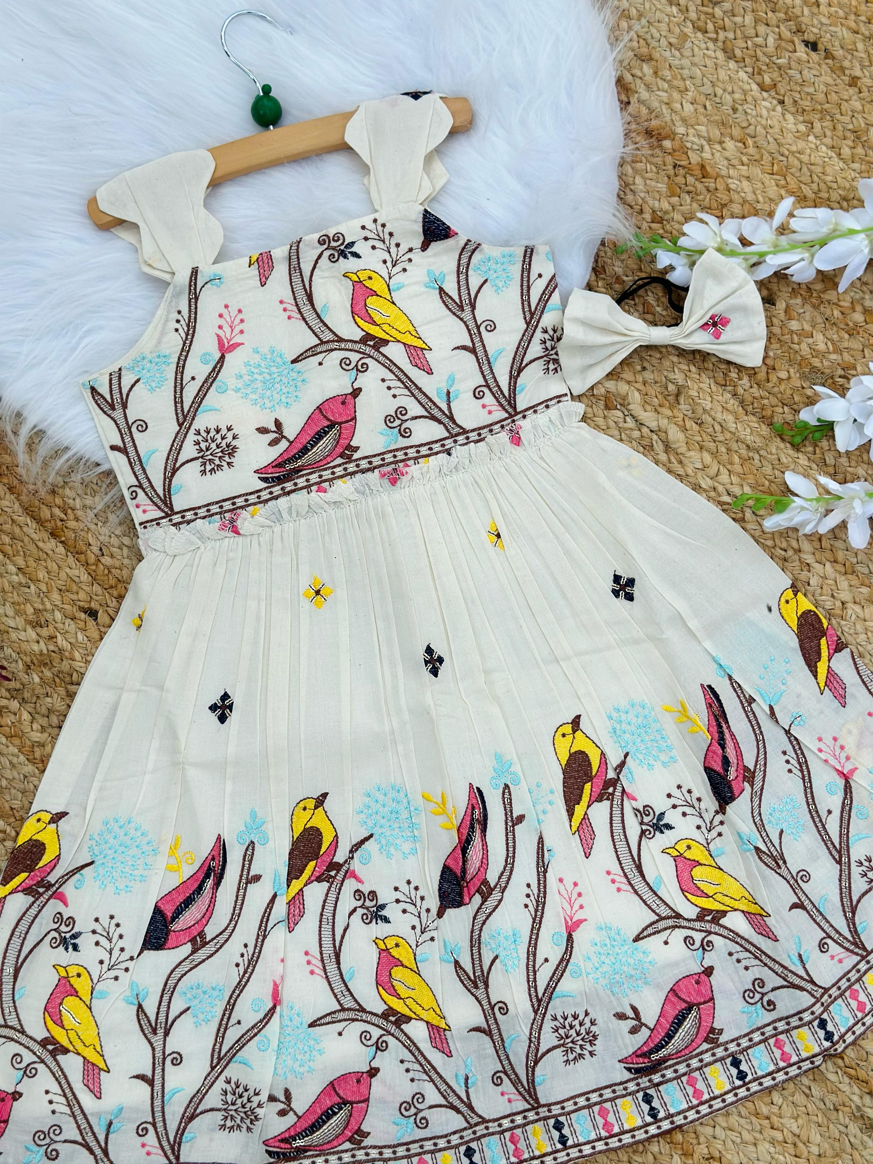 Magestic Heavy Zoo Embroidery Work on Khadi Cotton Fabric Kids Frock