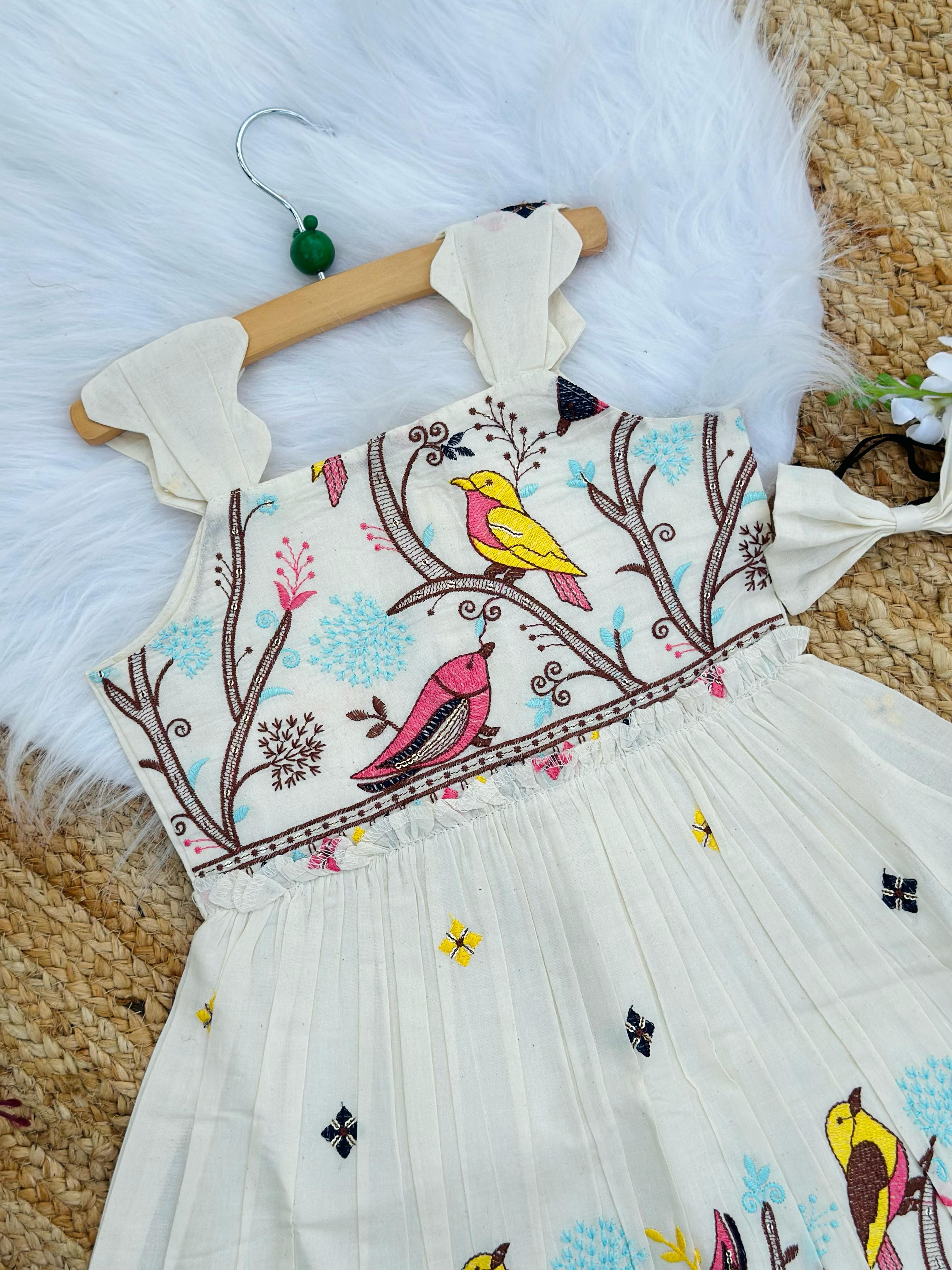 Magestic Heavy Zoo Embroidery Work on Khadi Cotton Fabric Kids Frock