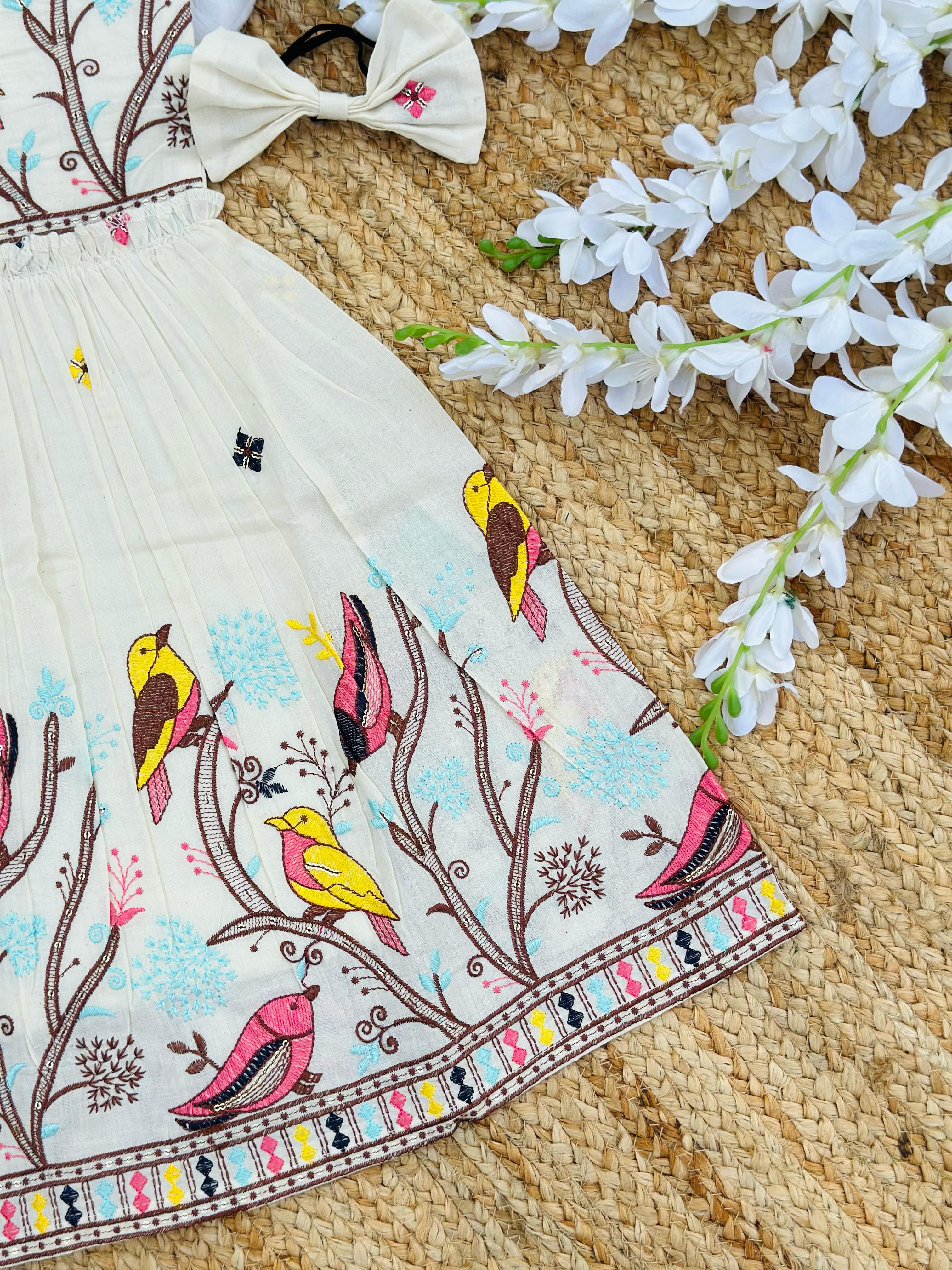 Magestic Heavy Zoo Embroidery Work on Khadi Cotton Fabric Kids Frock