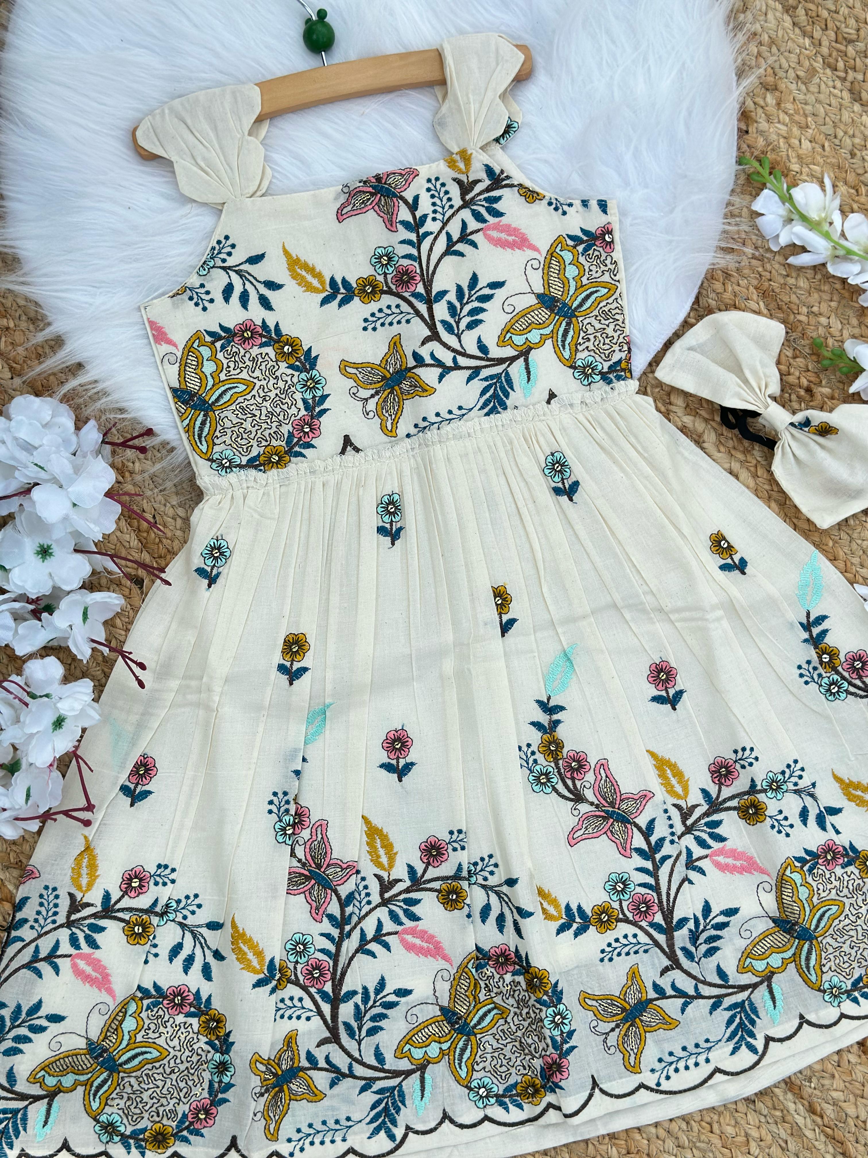 Brownish Titali Embroidery Work on Khadi Cotton Fabric Kids Frock