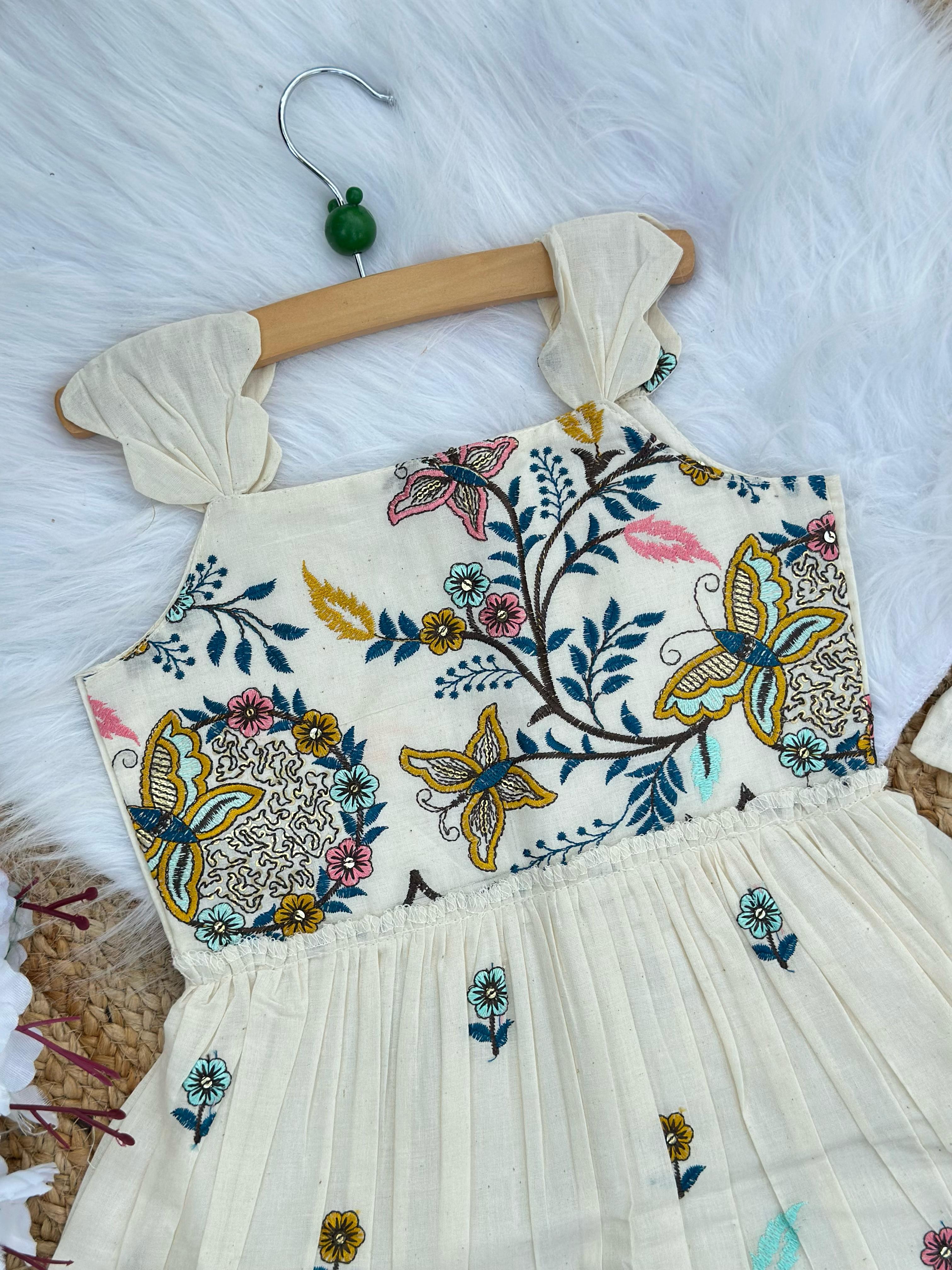 Brownish Titali Embroidery Work on Khadi Cotton Fabric Kids Frock