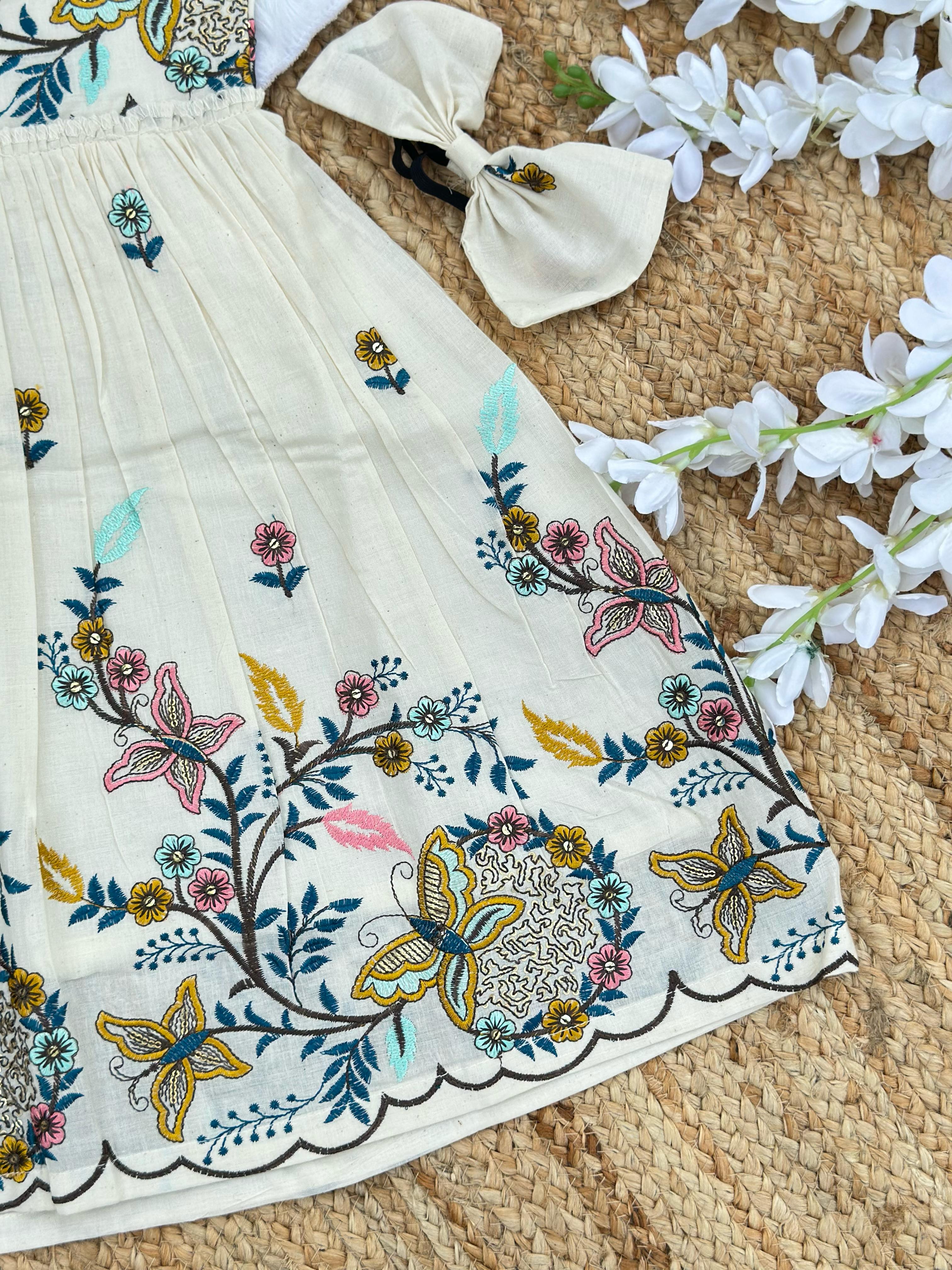 Brownish Titali Embroidery Work on Khadi Cotton Fabric Kids Frock