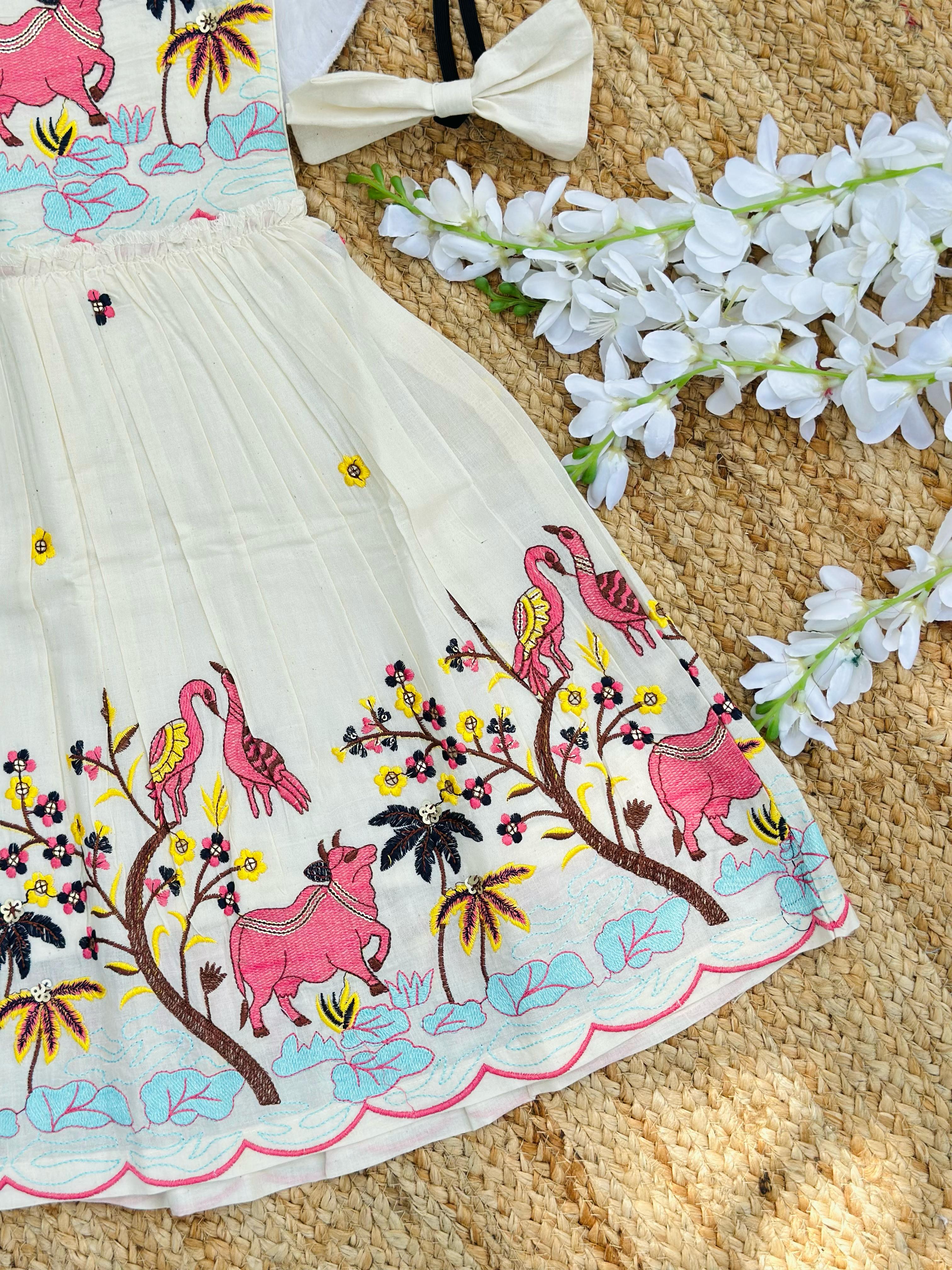 Pearlesecnt Embroidery Work on Khadi Cotton Fabric Kids Frock