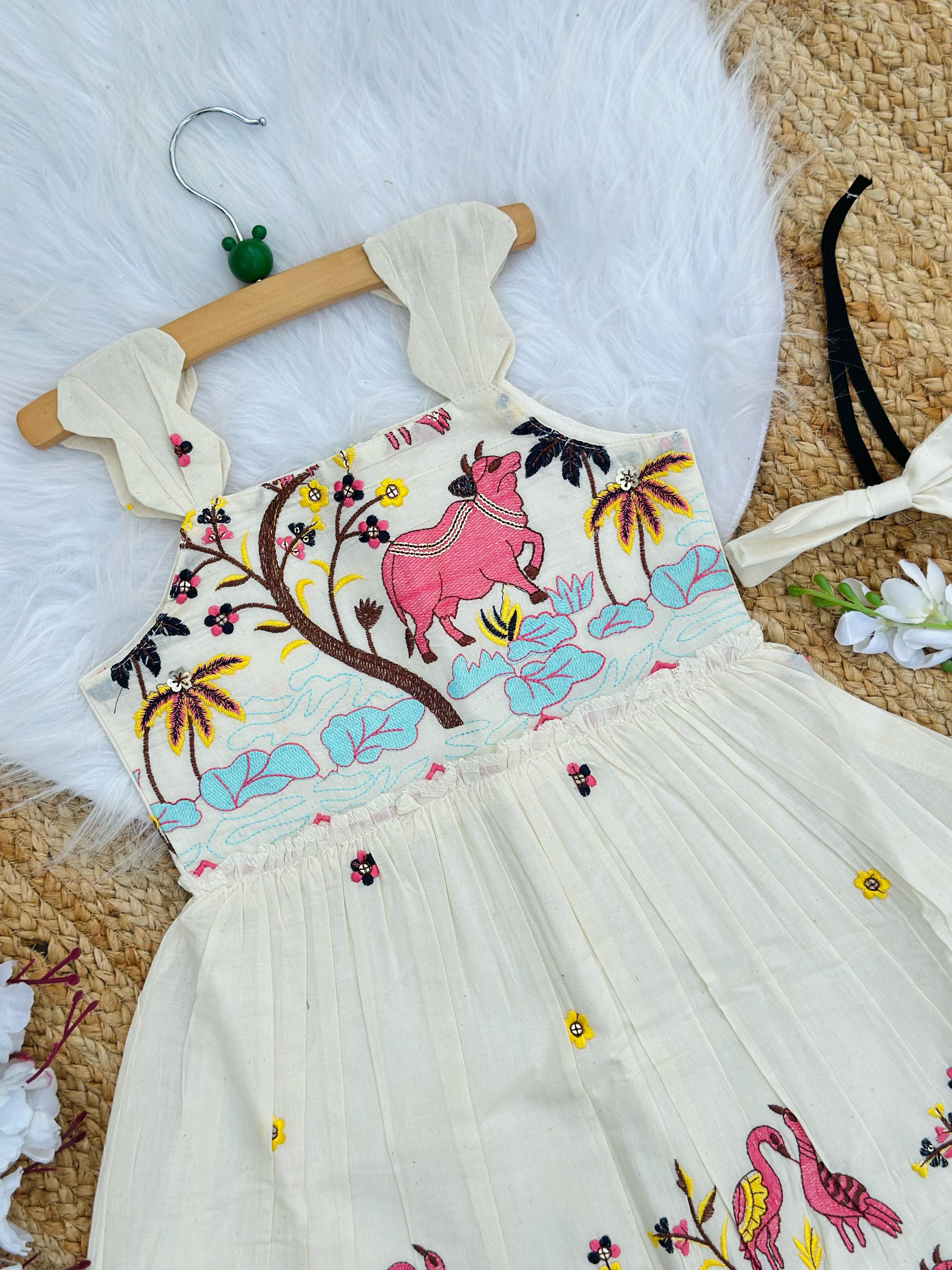 Pearlesecnt Embroidery Work on Khadi Cotton Fabric Kids Frock