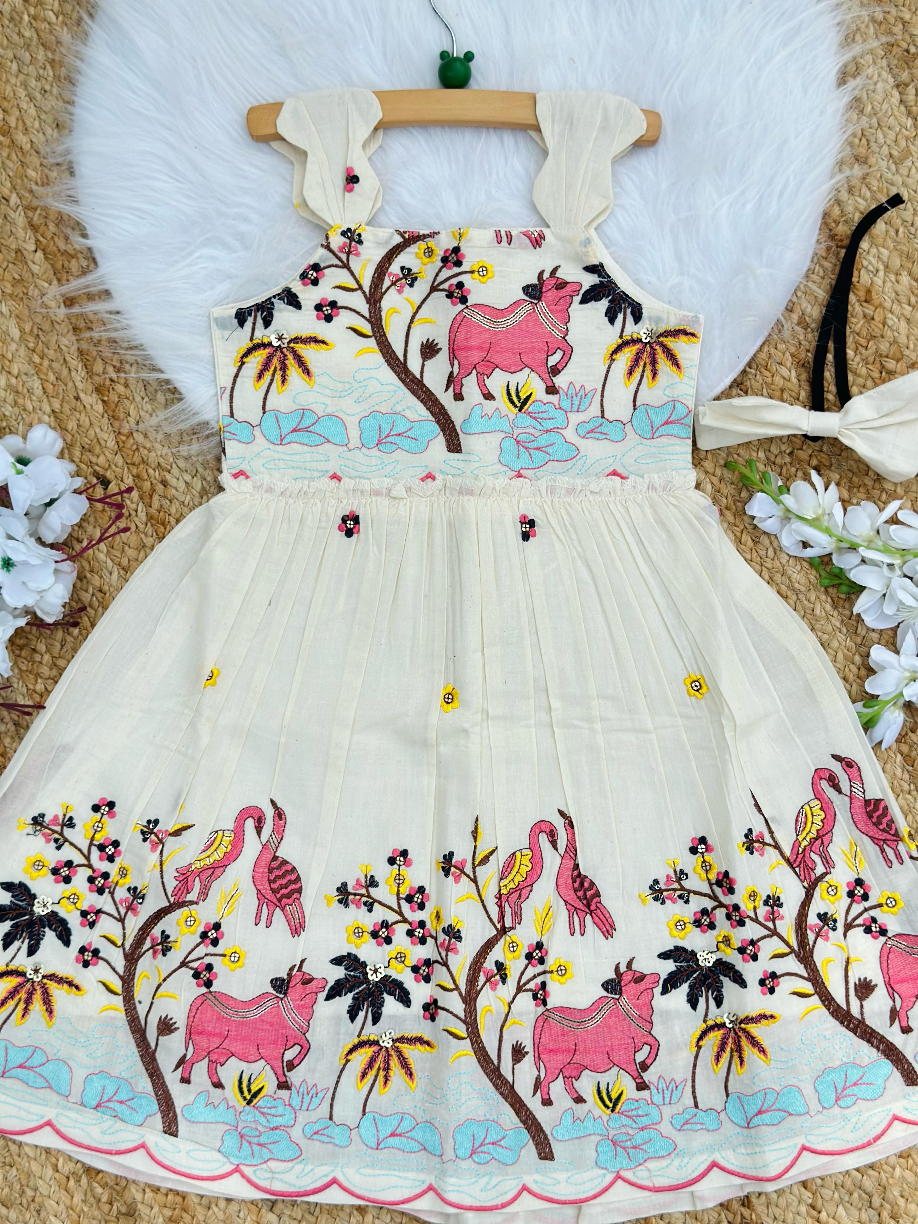Pearlesecnt Embroidery Work on Khadi Cotton Fabric Kids Frock