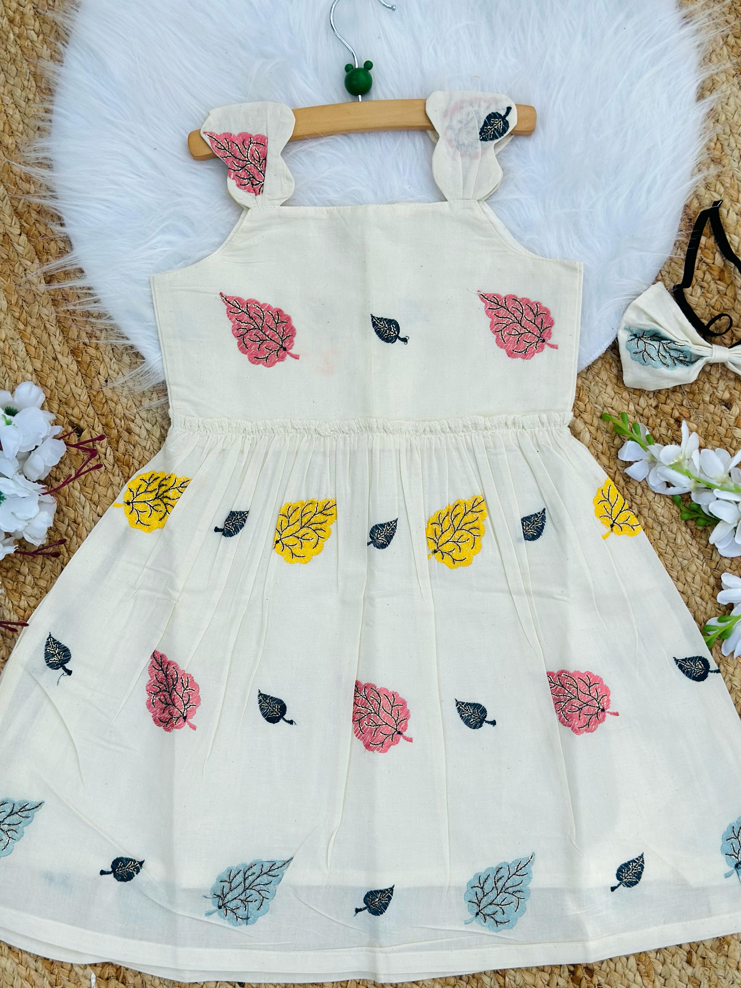Magestic Embroidery Work on Khadi Cotton Fabric Kids Frock