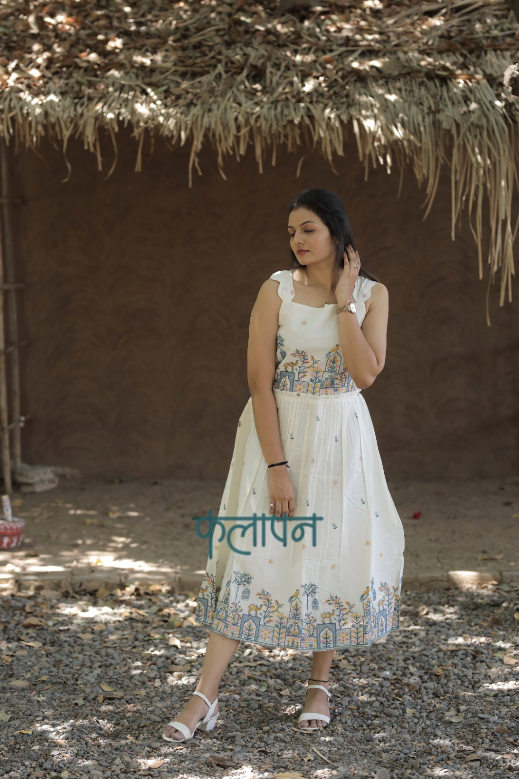 Flamingo Embroidery Work On Pure Khadi Cotton Fabric maxi Frock