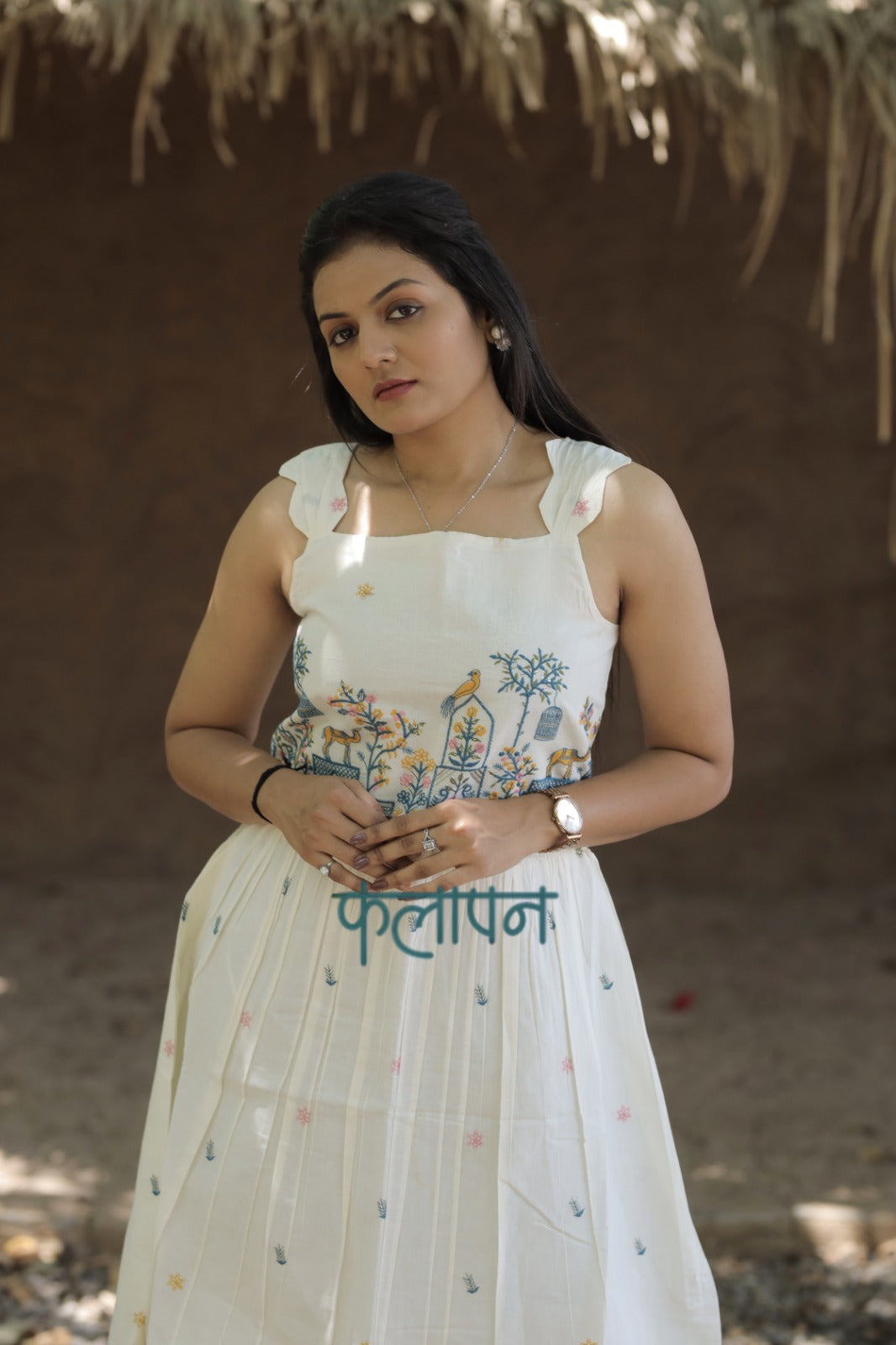 Flamingo Embroidery Work On Pure Khadi Cotton Fabric maxi Frock