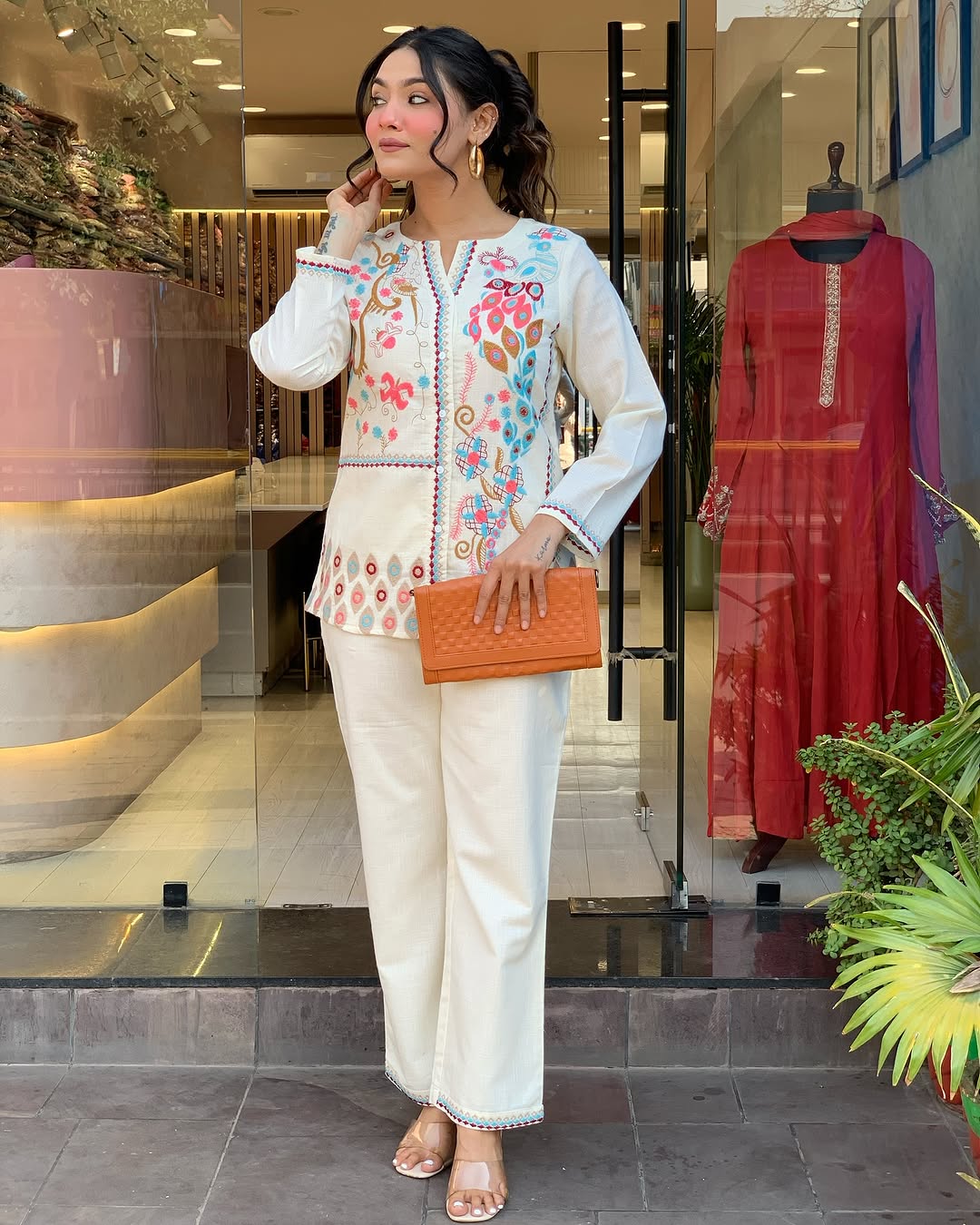 Effortless Cotton Slub Fabric Embroidery Work Cord Set for Women