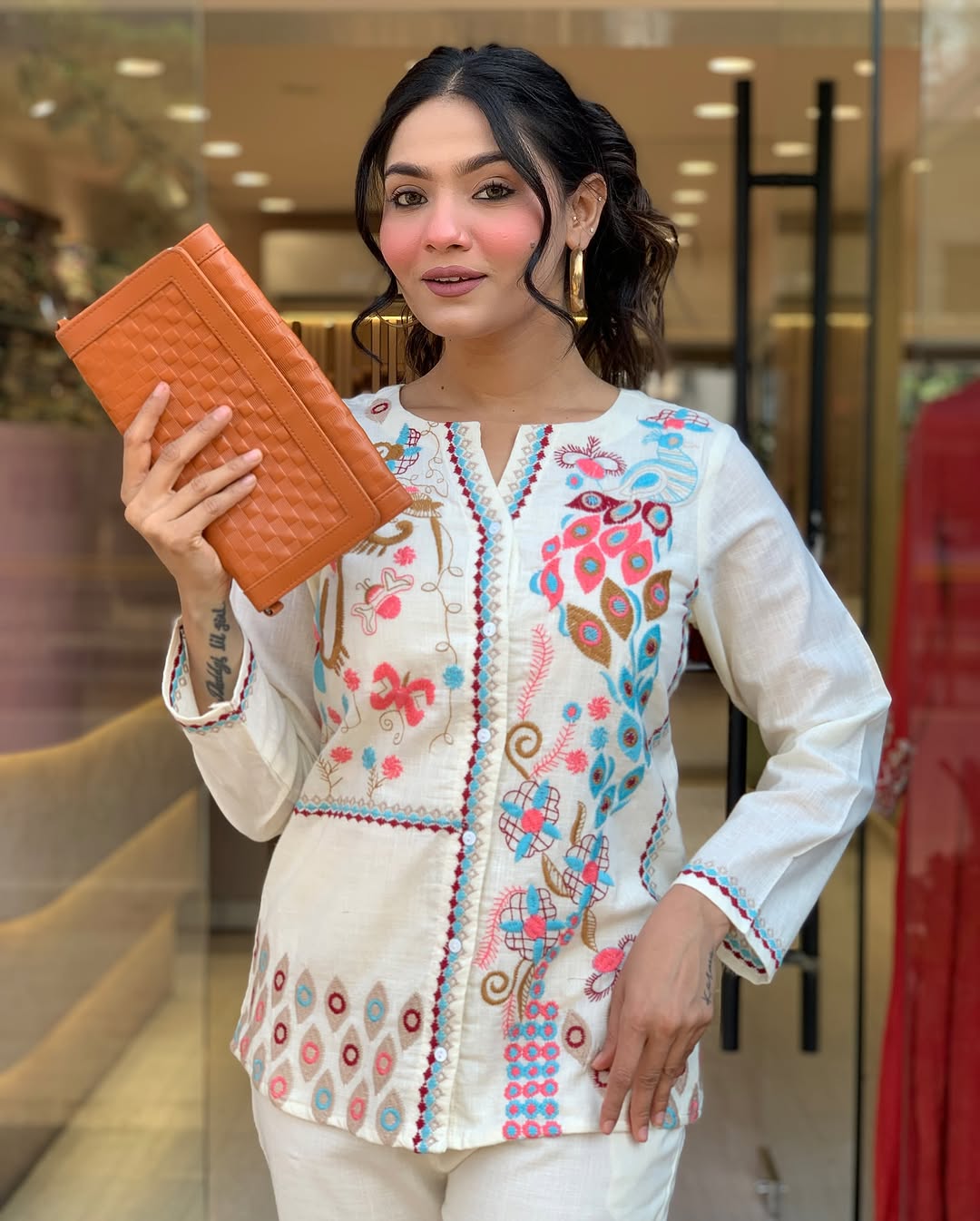 Effortless Cotton Slub Fabric Embroidery Work Cord Set for Women