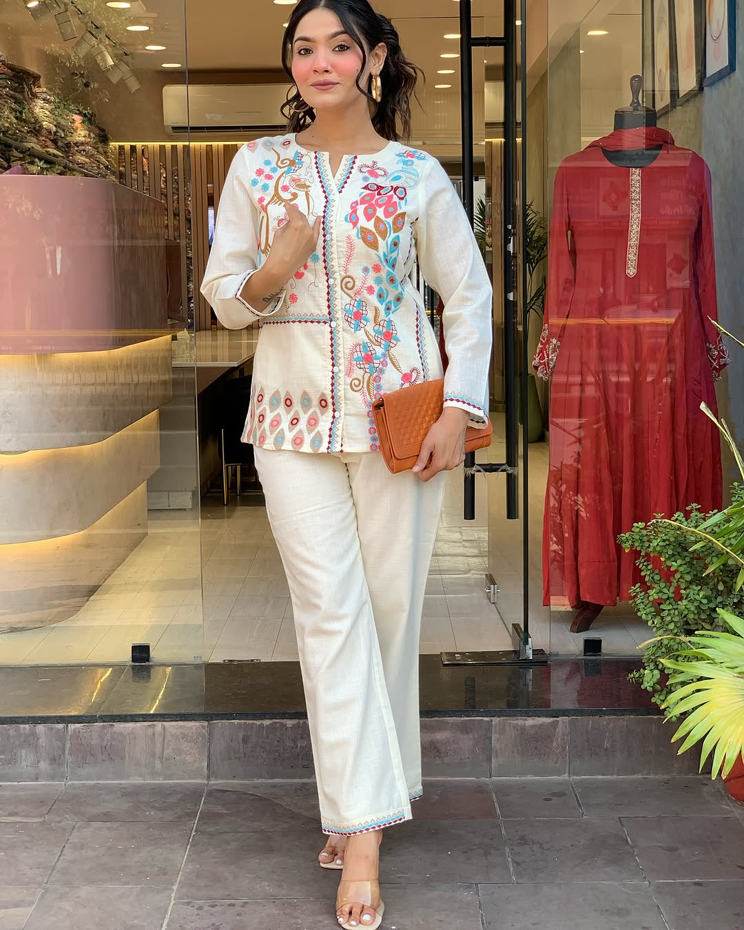 Effortless Cotton Slub Fabric Embroidery Work Cord Set for Women