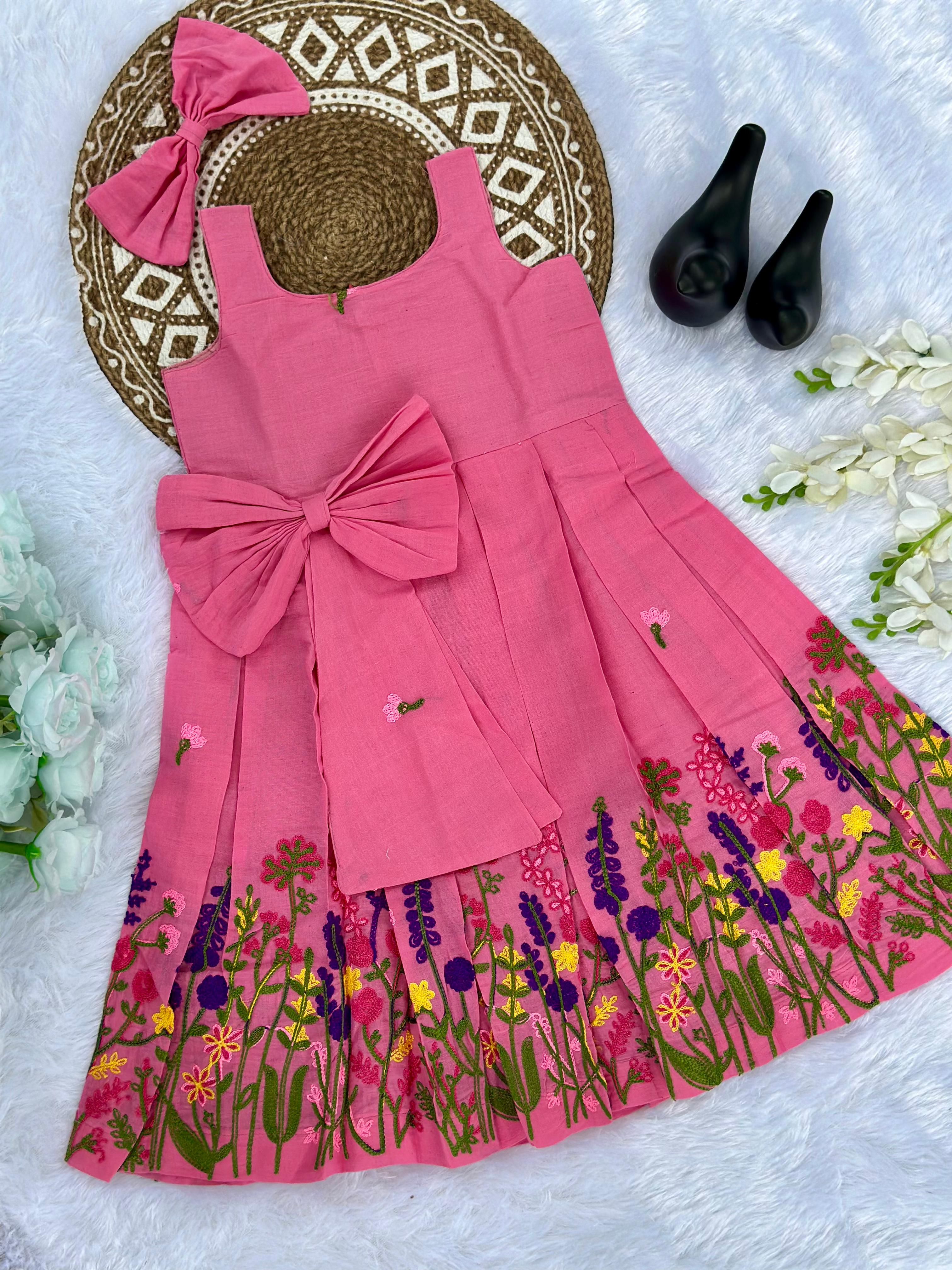 Super Hit Chain Work on Pure Khadi Cotton Fabric Kids Frock