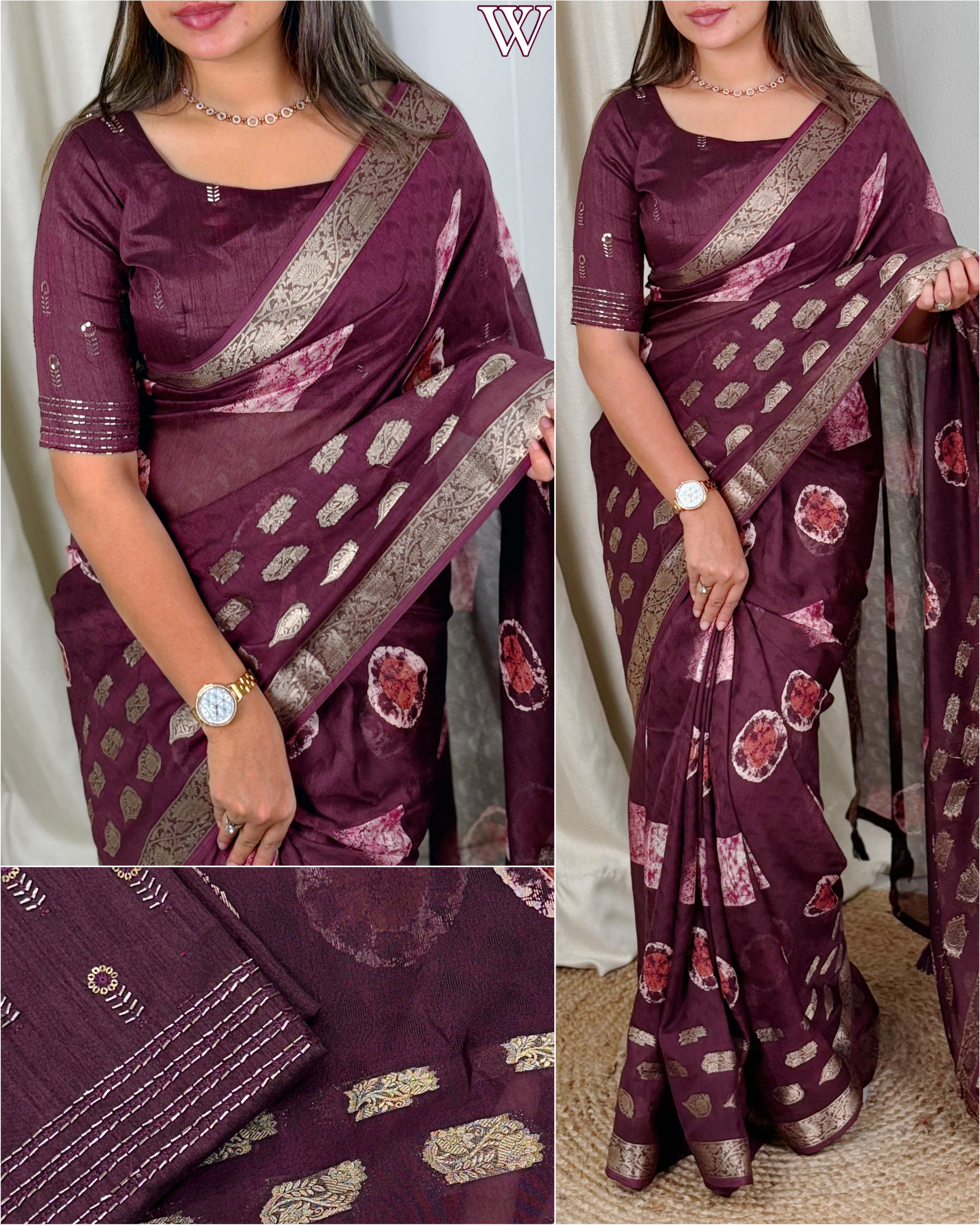 Printed cotton beauty for upcoming summer seasons with unique Beads work blouse