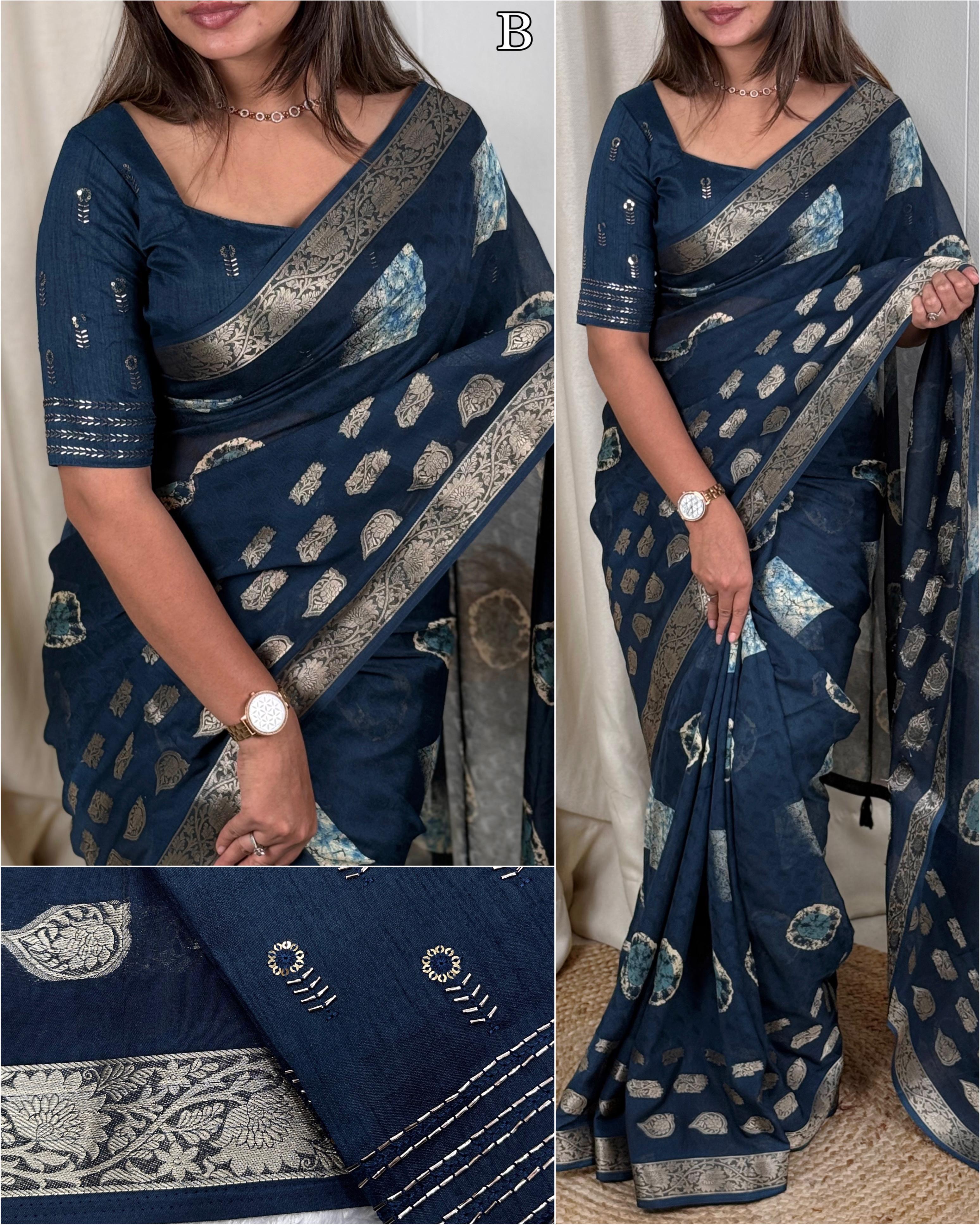 Printed cotton beauty for upcoming summer seasons with unique Beads work blouse