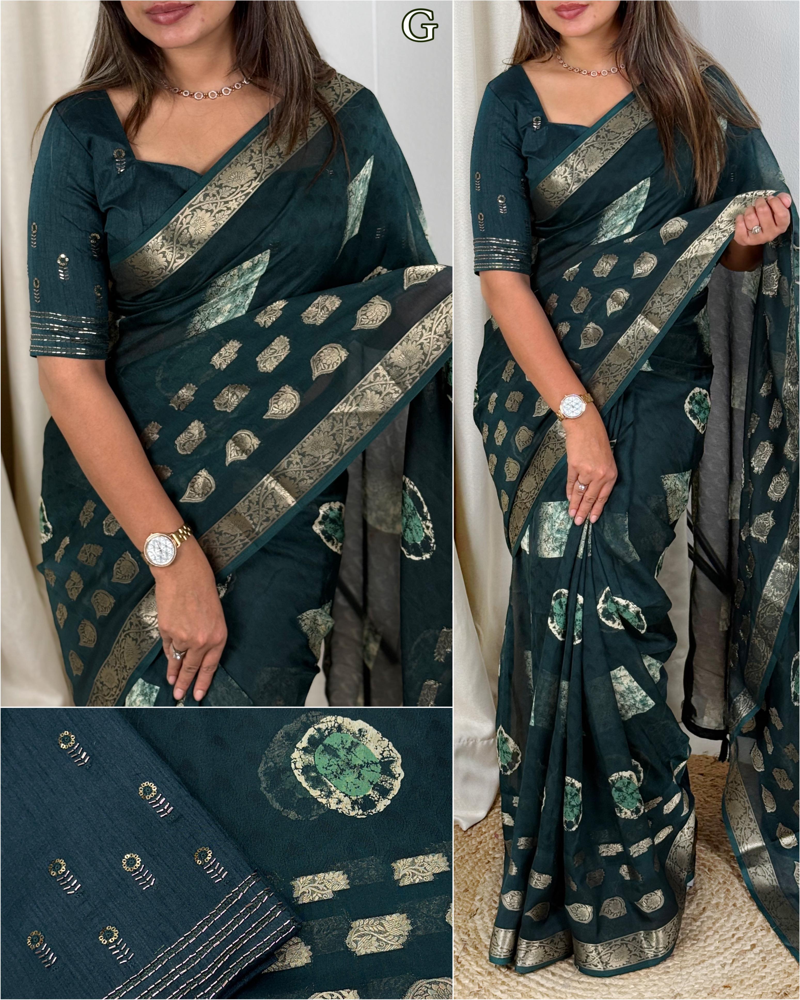 Printed cotton beauty for upcoming summer seasons with unique Beads work blouse