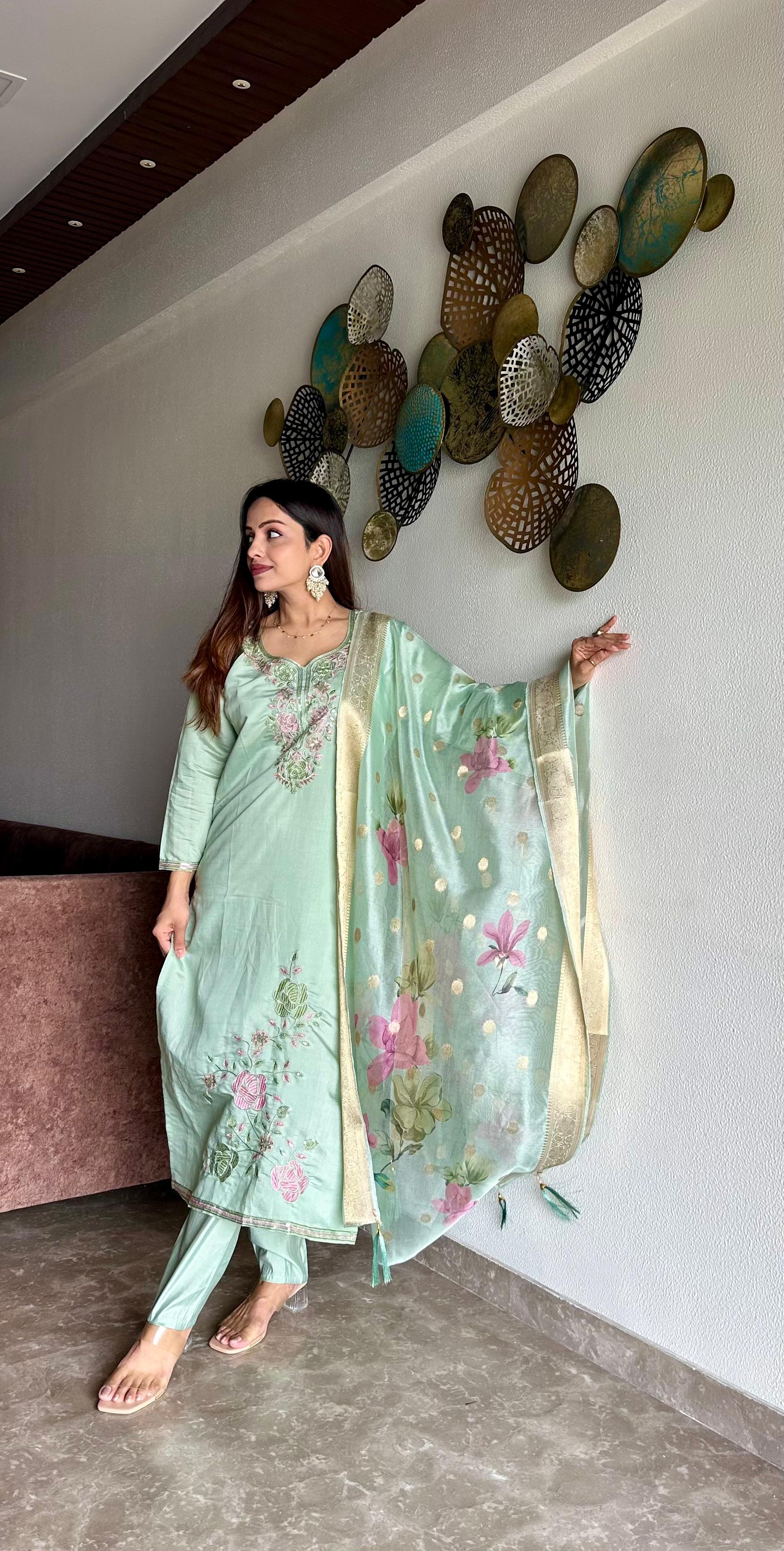 Hanaya Pure Roam Silk Fabric With Embroidery Work Kurta Set