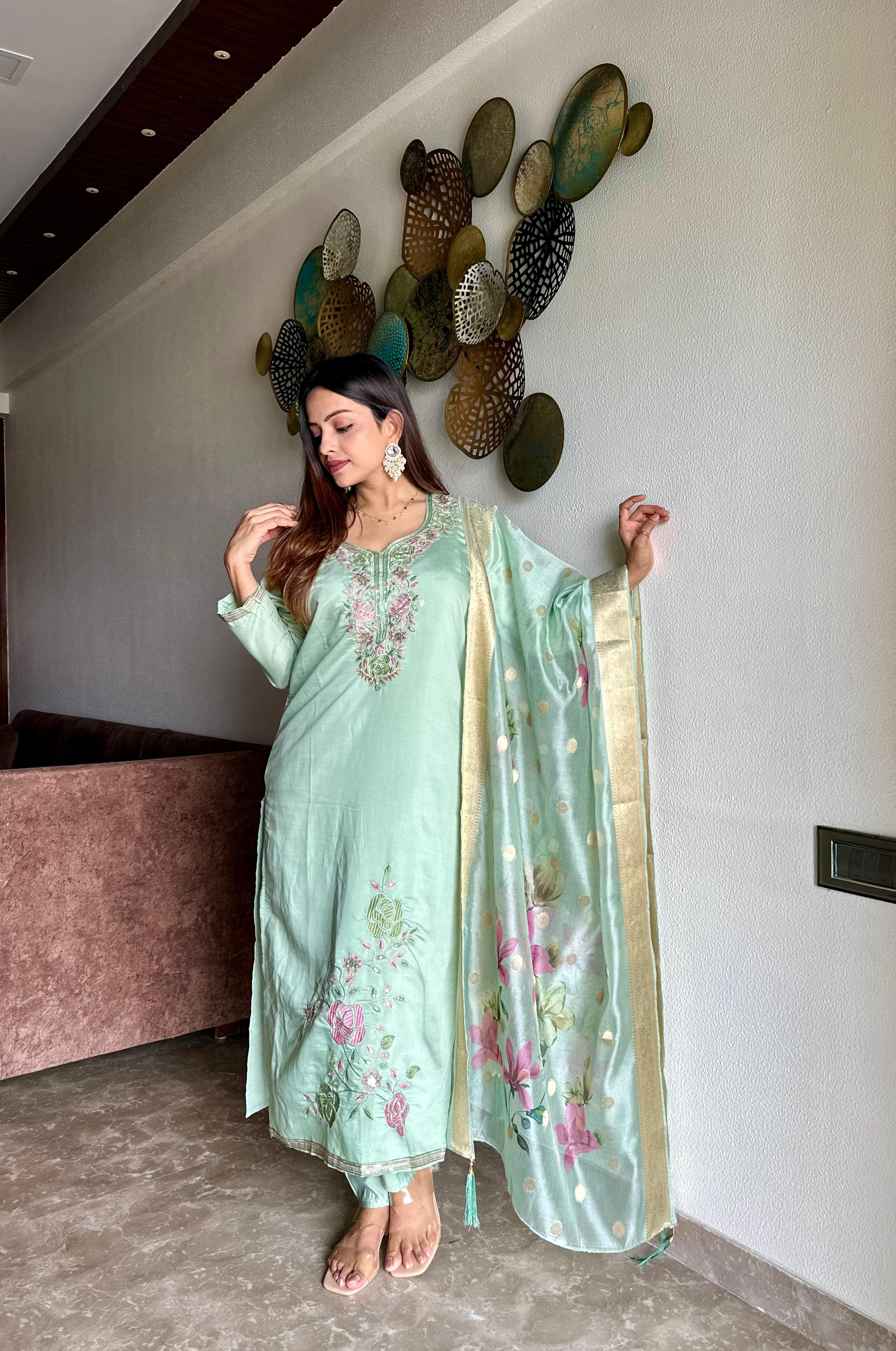 Hanaya Pure Roam Silk Fabric With Embroidery Work Kurta Set