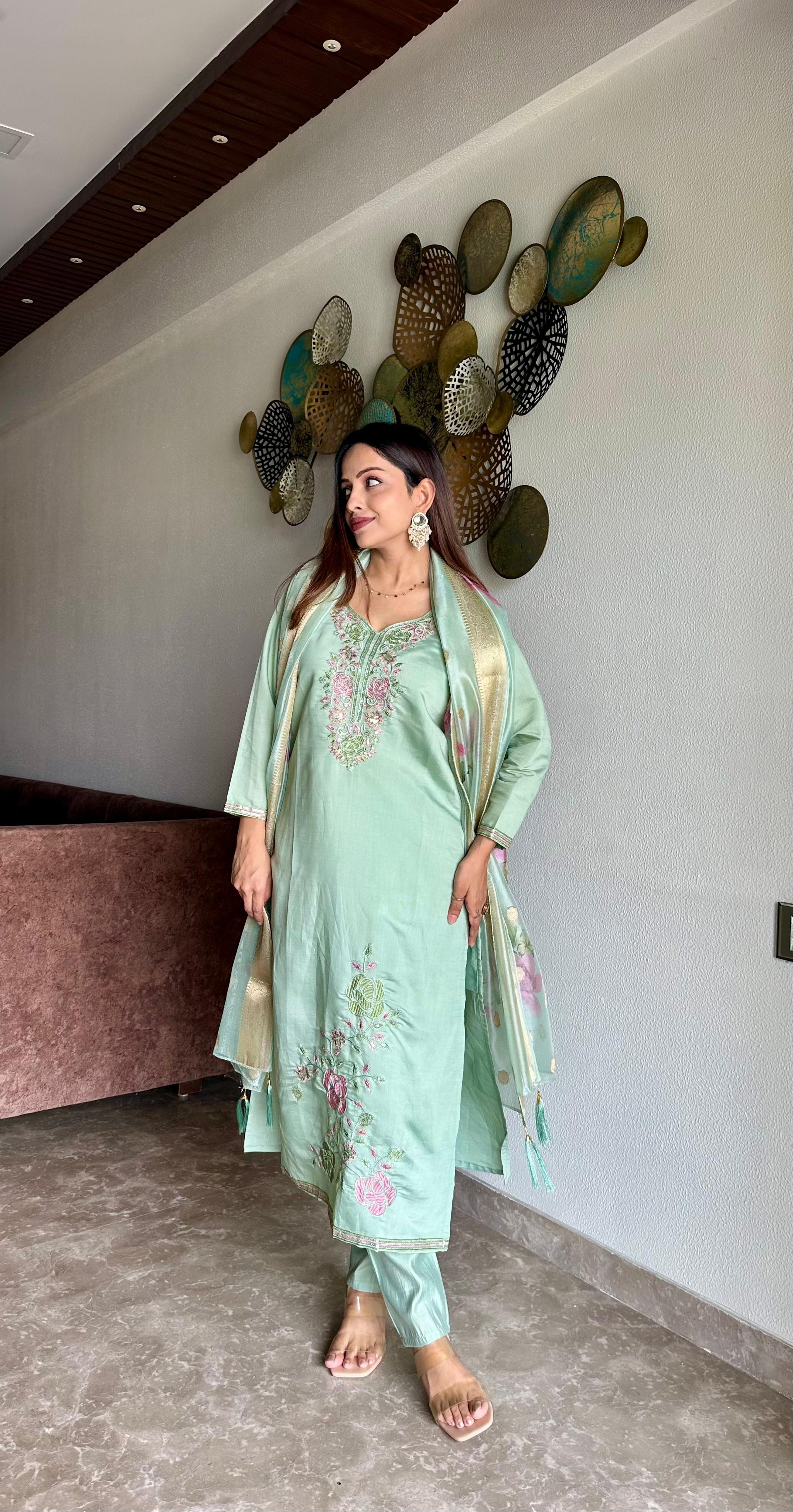 Hanaya Pure Roam Silk Fabric With Embroidery Work Kurta Set