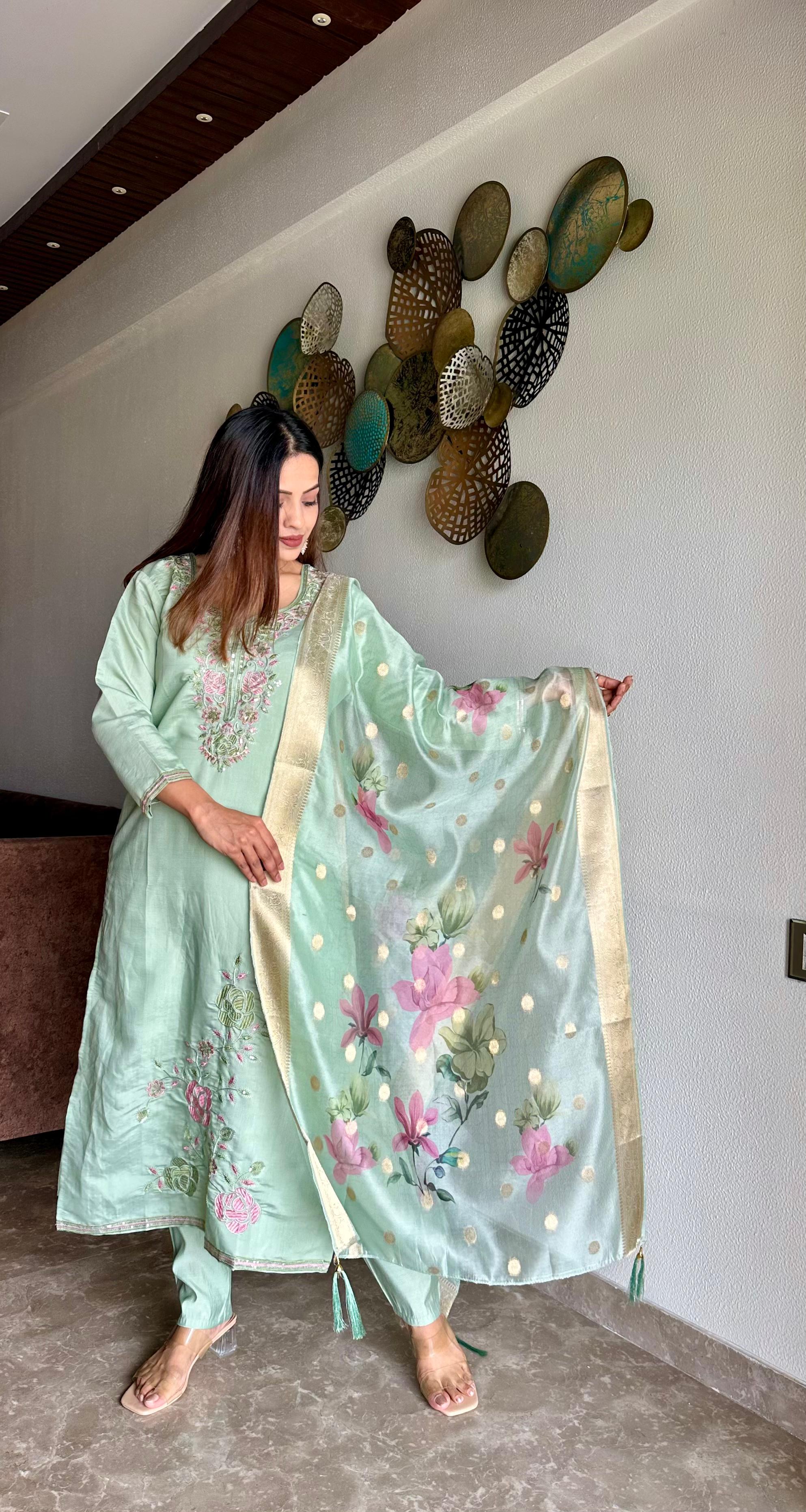 Hanaya Pure Roam Silk Fabric With Embroidery Work Kurta Set
