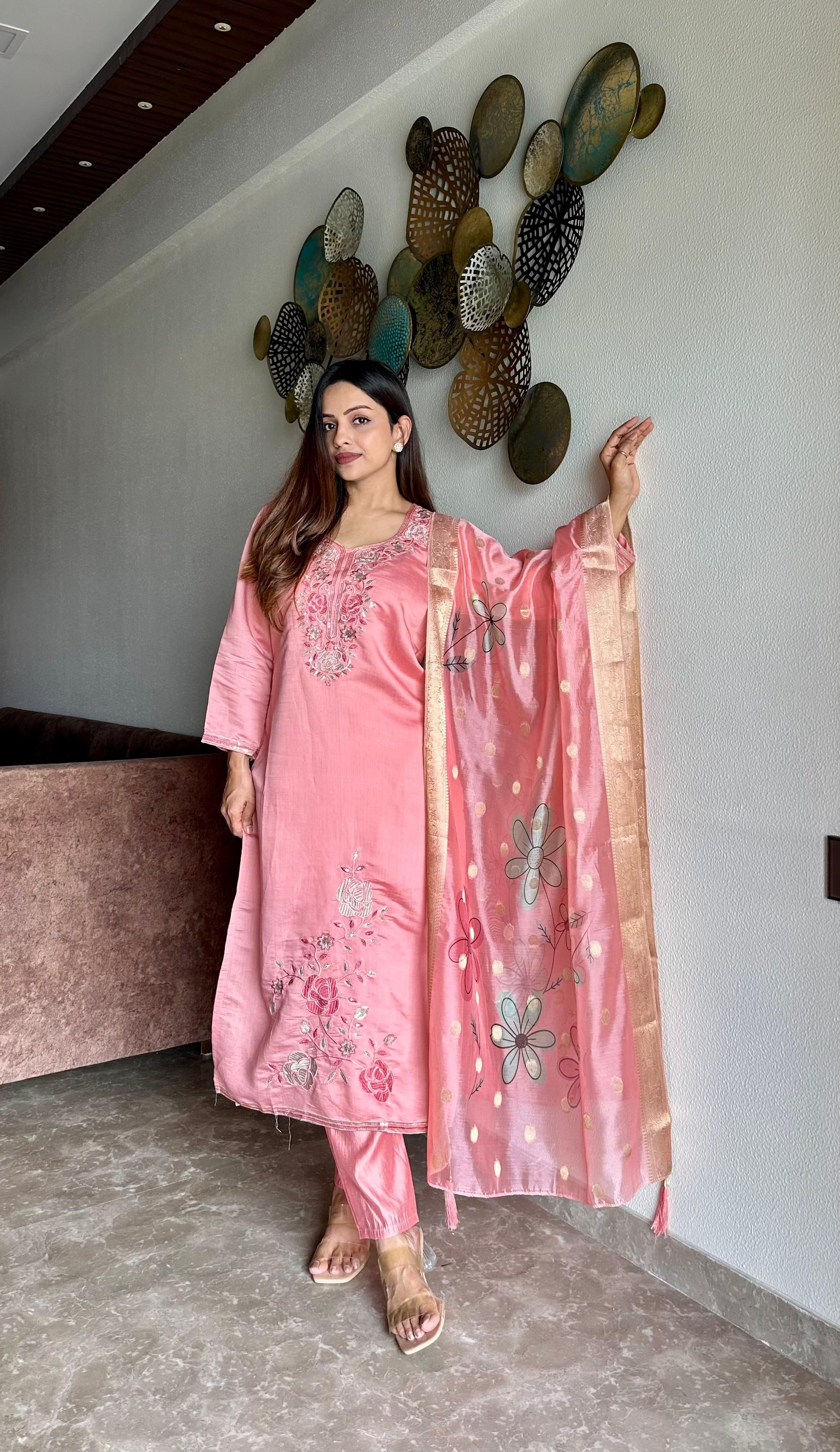 Hanaya Pure Roam Silk Fabric With Embroidery Work Kurta Set