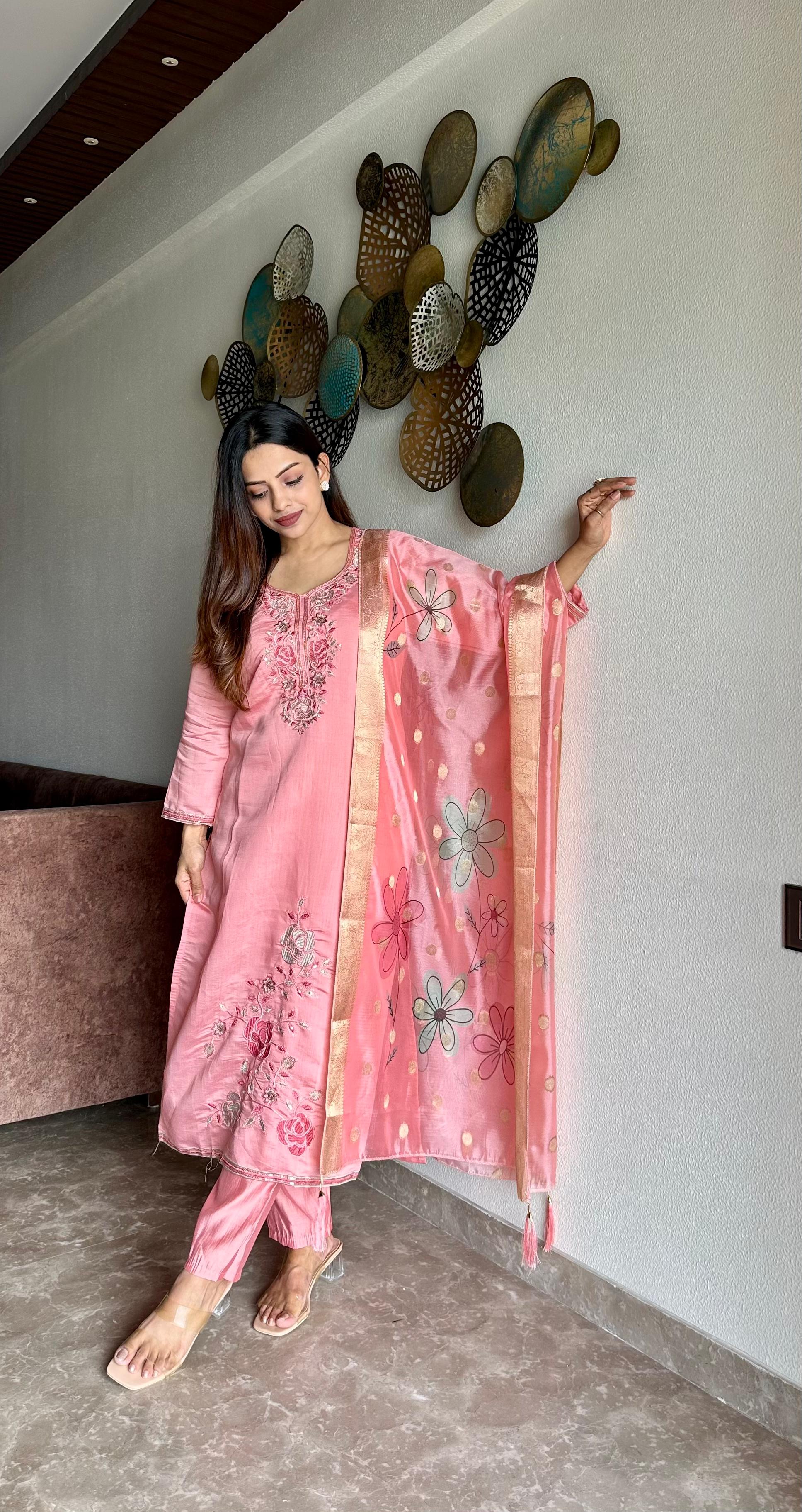 Hanaya Pure Roam Silk Fabric With Embroidery Work Kurta Set