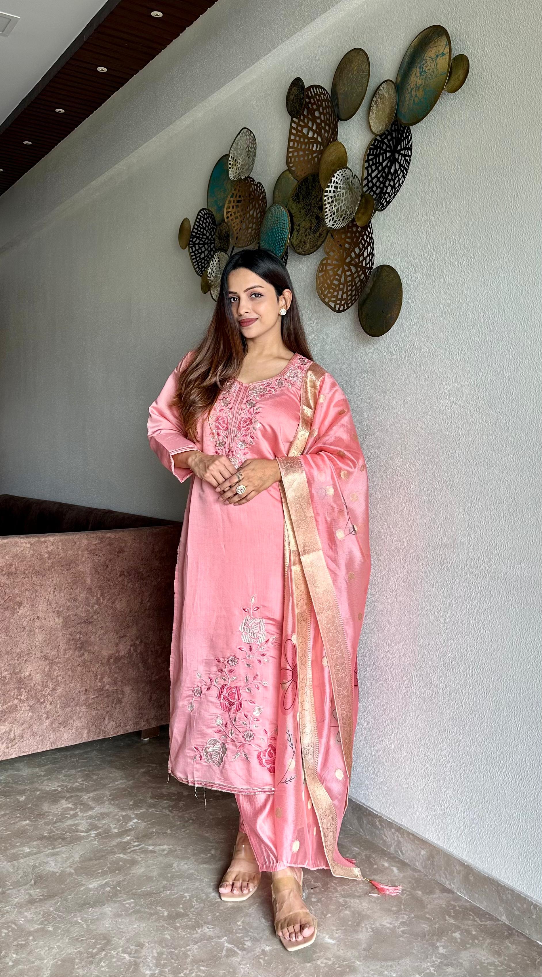 Hanaya Pure Roam Silk Fabric With Embroidery Work Kurta Set