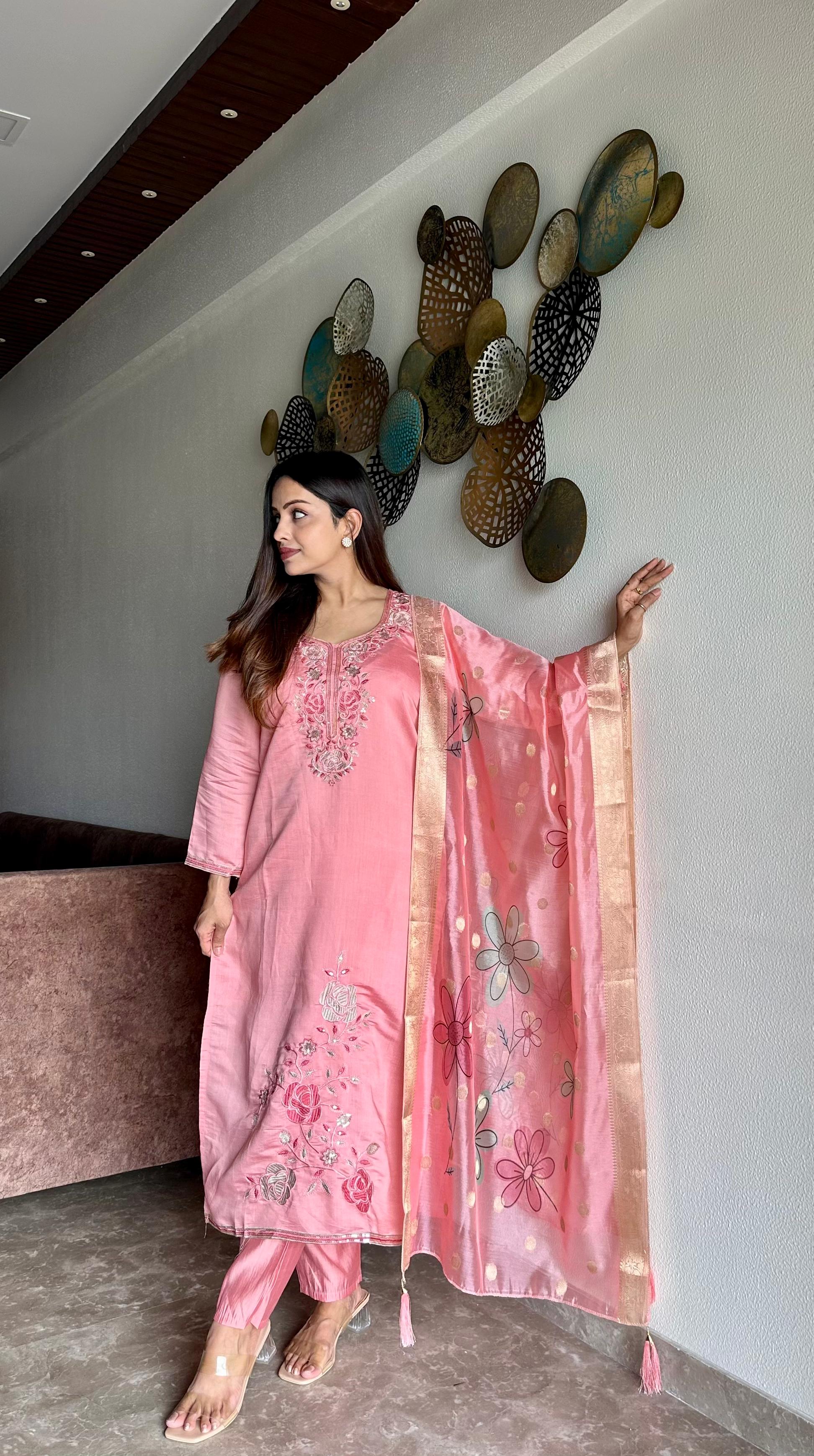 Hanaya Pure Roam Silk Fabric With Embroidery Work Kurta Set