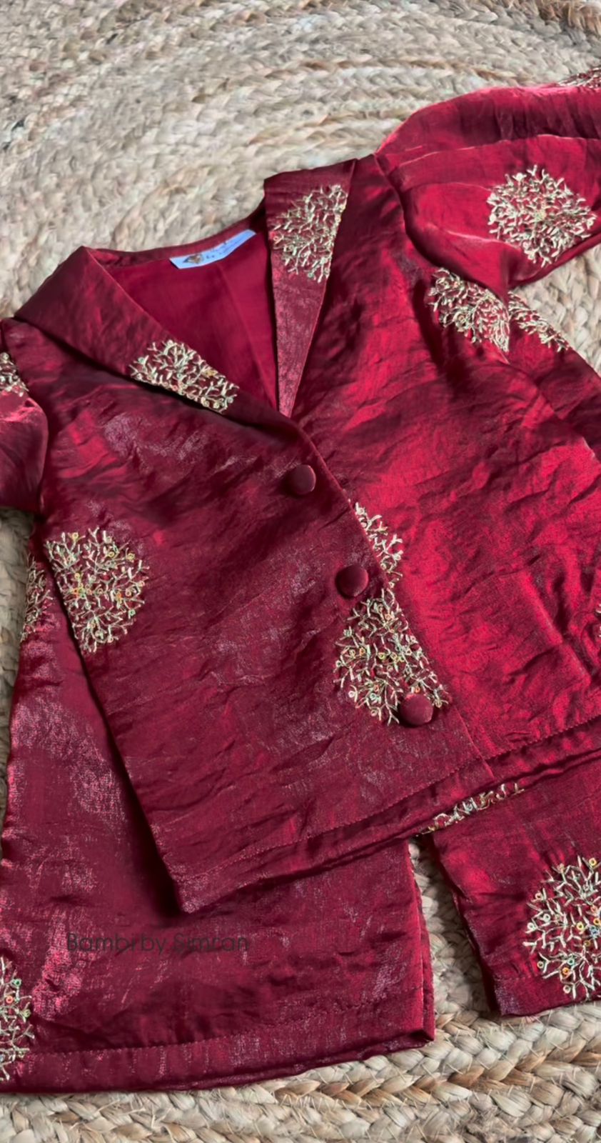 Elegant Girls Maroon Fancy Satin Embroidered Blazer-Style Cord Set – Festive Party Wear