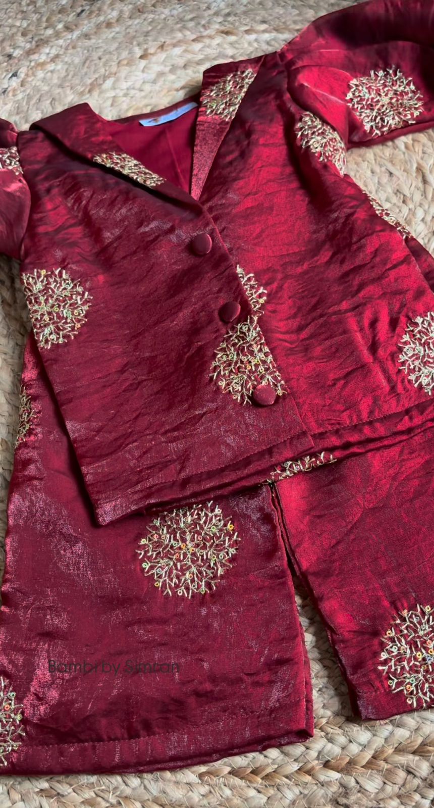 Elegant Girls Maroon Fancy Satin Embroidered Blazer-Style Cord Set – Festive Party Wear