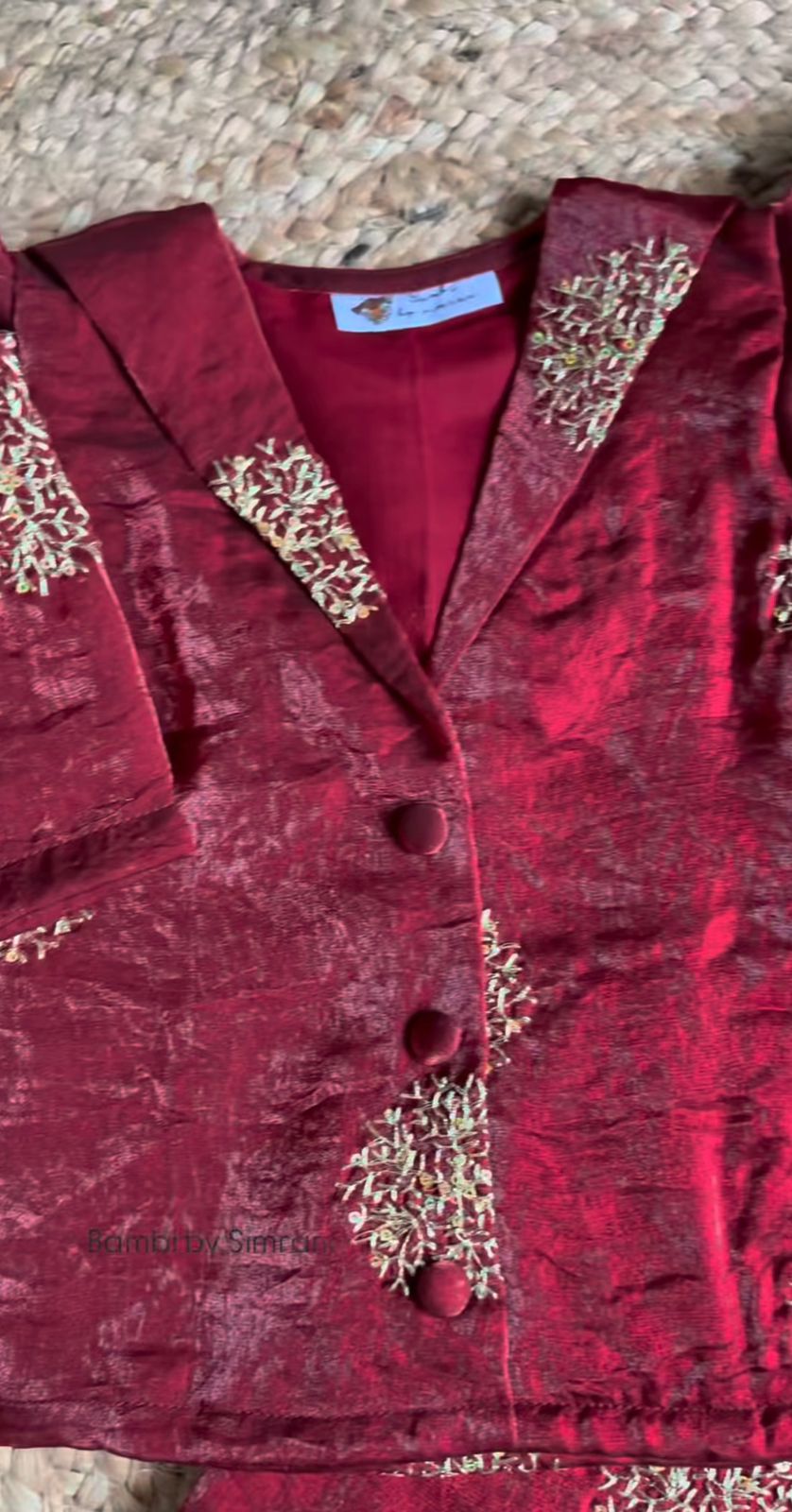Elegant Girls Maroon Fancy Satin Embroidered Blazer-Style Cord Set – Festive Party Wear