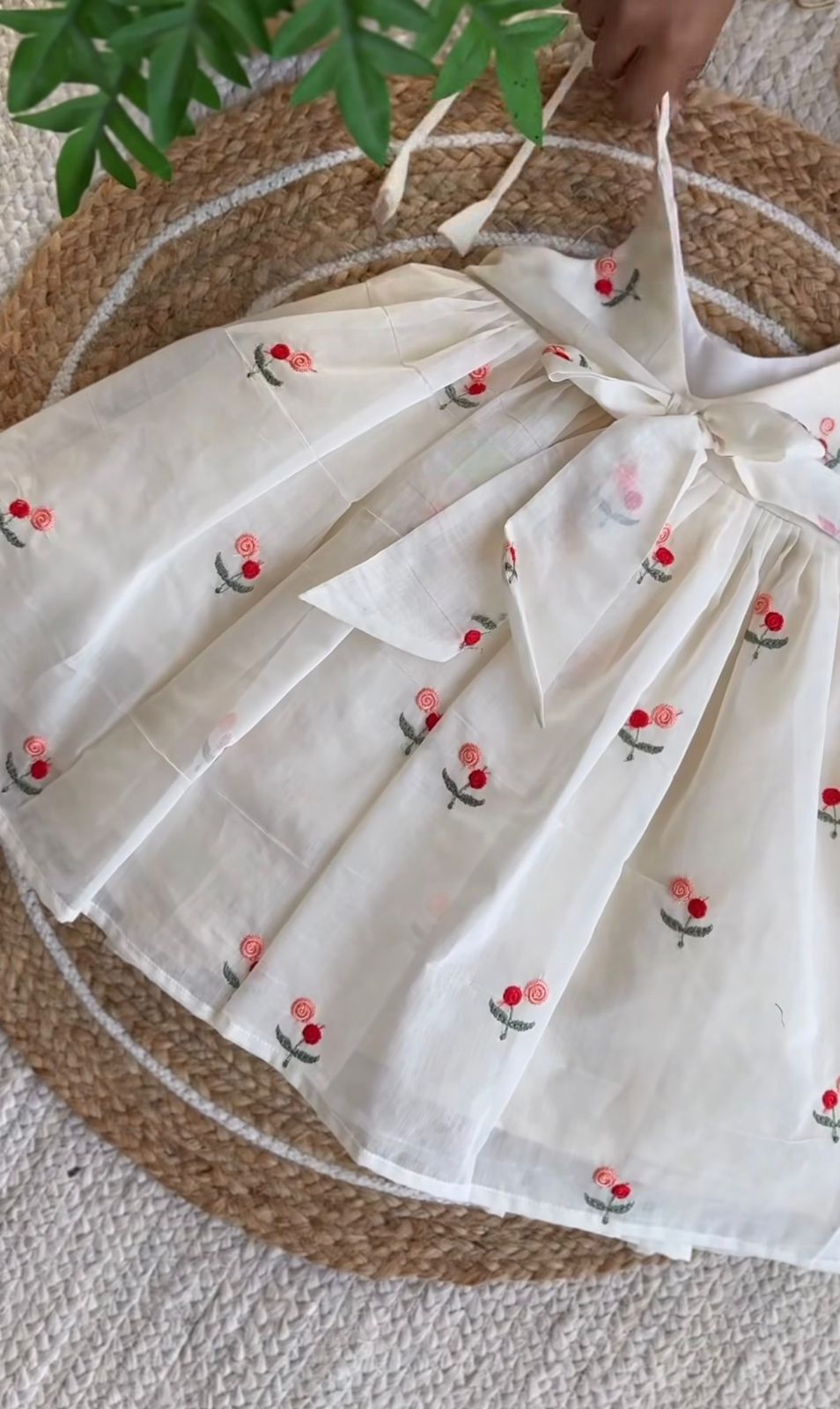 Handcrafted Khadi Cotton Floral Embroidered Strap Dress – Off-White & Coral