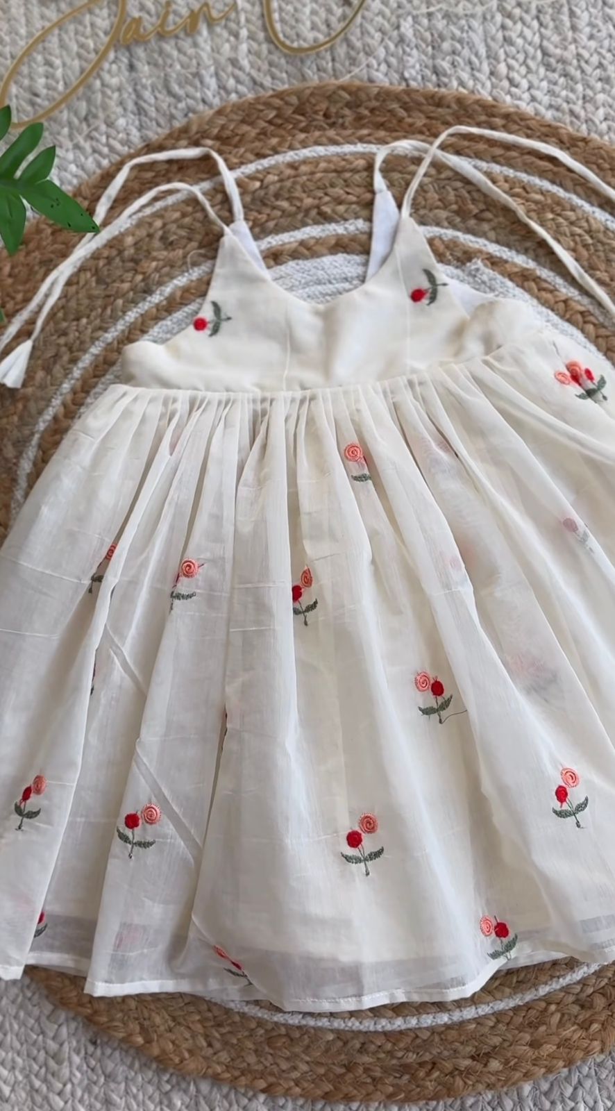 Handcrafted Khadi Cotton Floral Embroidered Strap Dress – Off-White & Coral