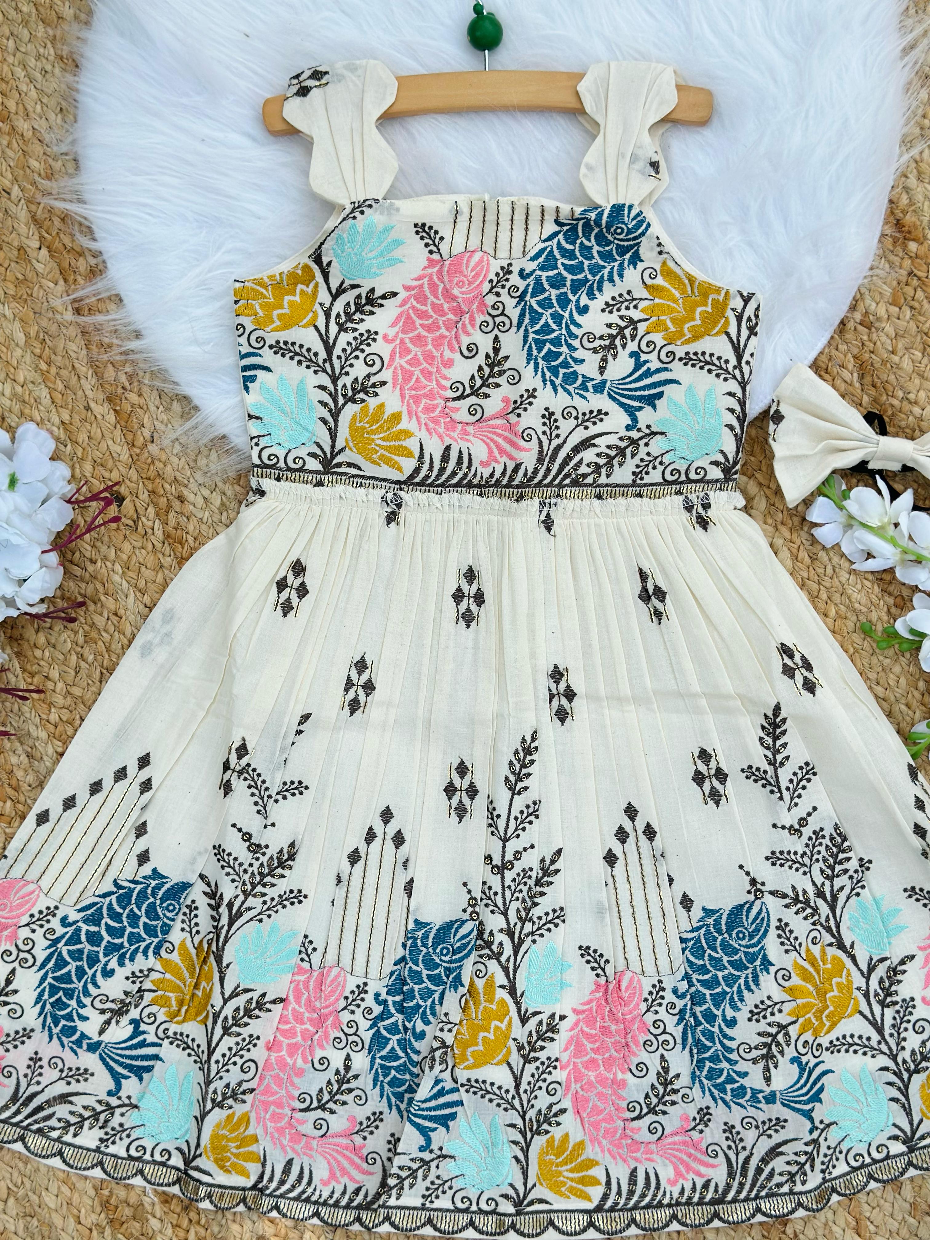 Luxurious Pure Cotton Cow Embroidery Work Kids Frock