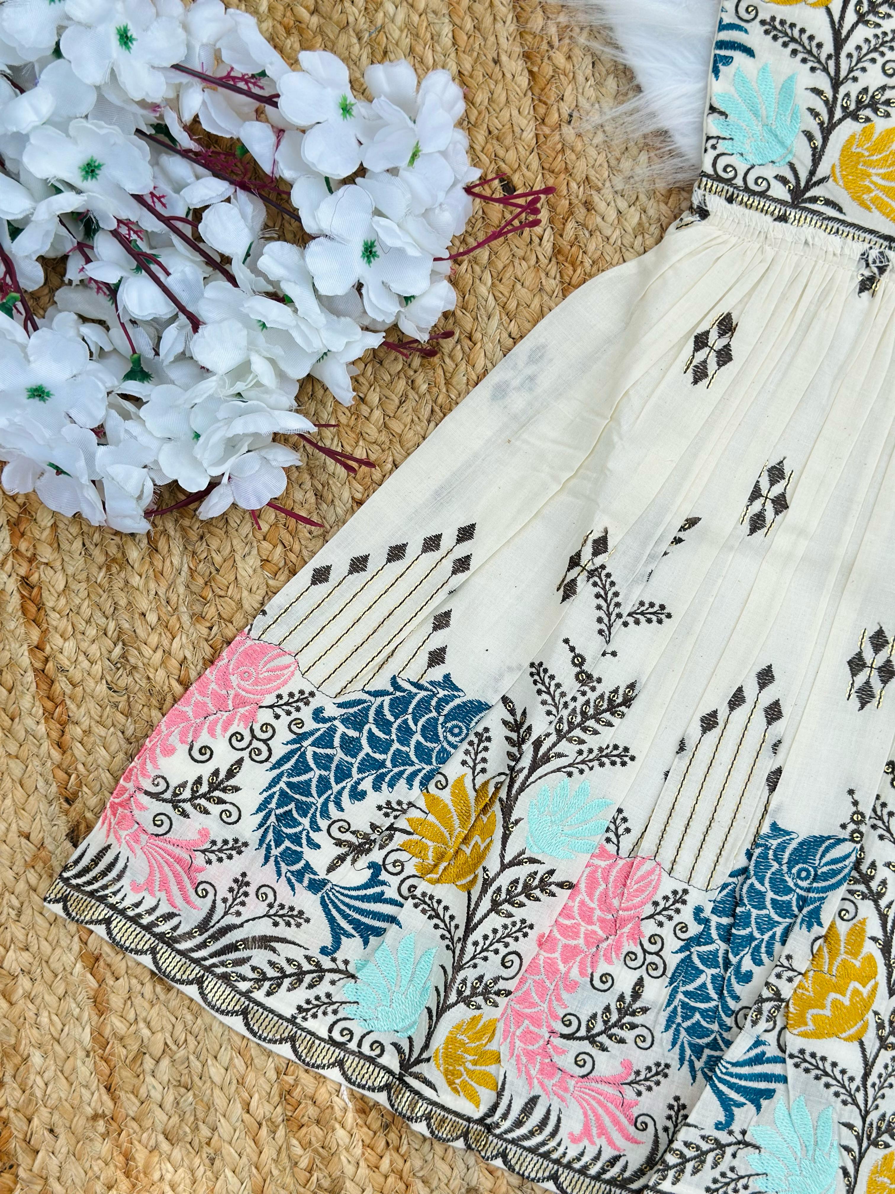 Luxurious Pure Cotton Cow Embroidery Work Kids Frock