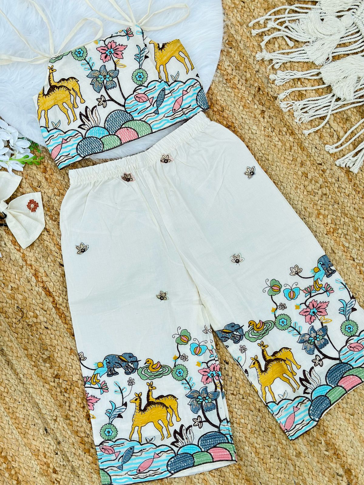 Pearlesecnt Embroidery Work on Khadi Cotton Fabric Kids Cord-Set