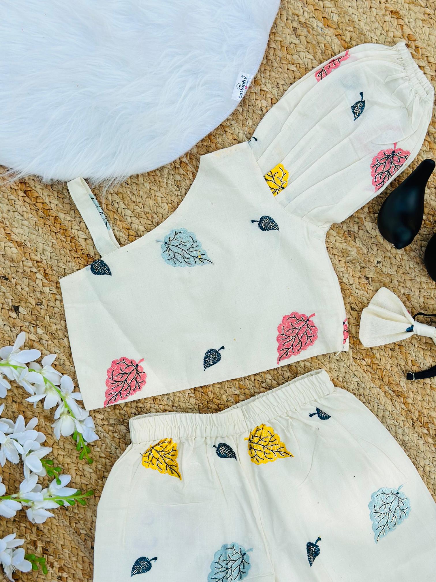 Blossom Embroidery Work on Khadi Cotton Fabric Kids Cord-Set
