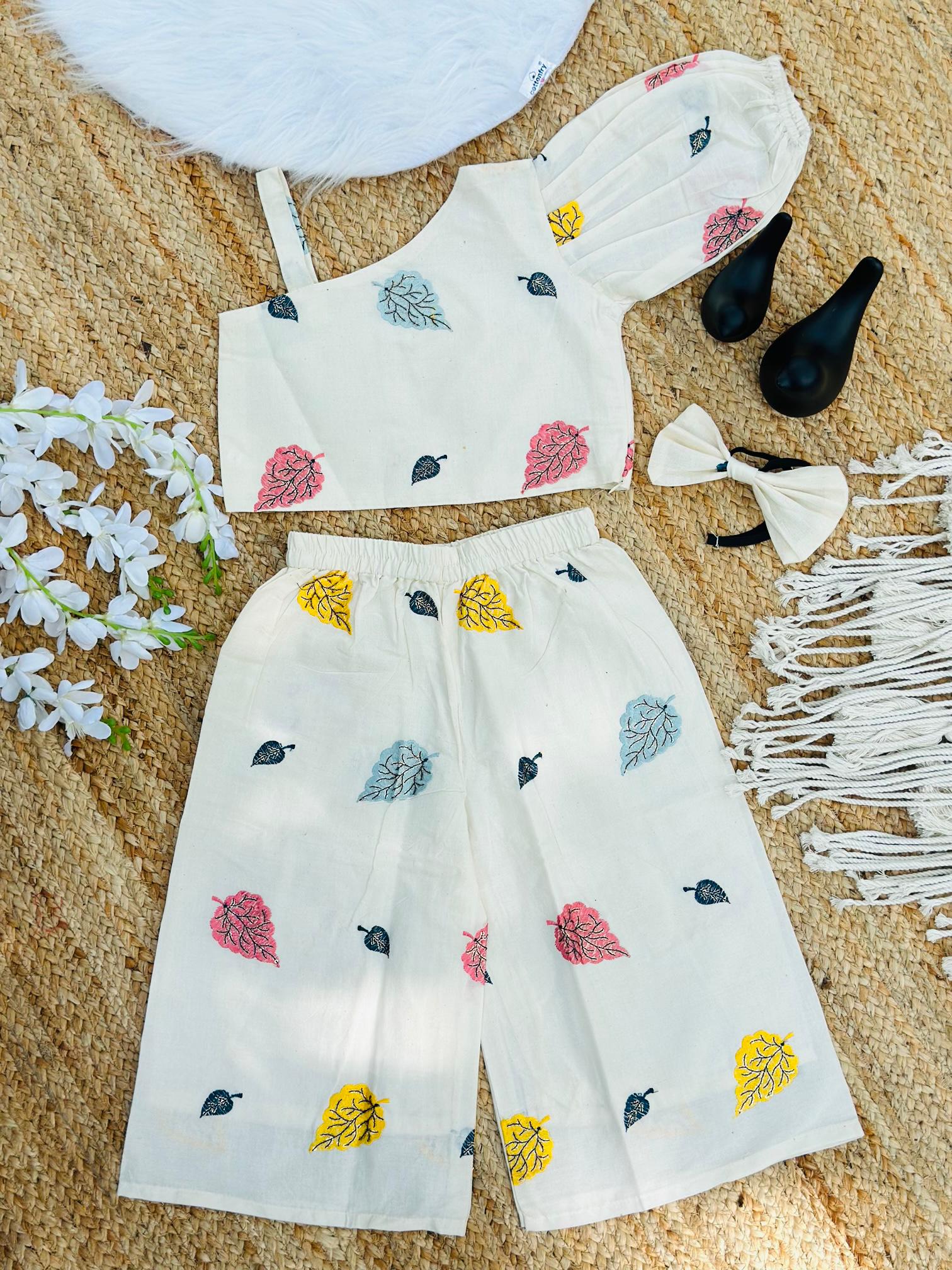 Blossom Embroidery Work on Khadi Cotton Fabric Kids Cord-Set