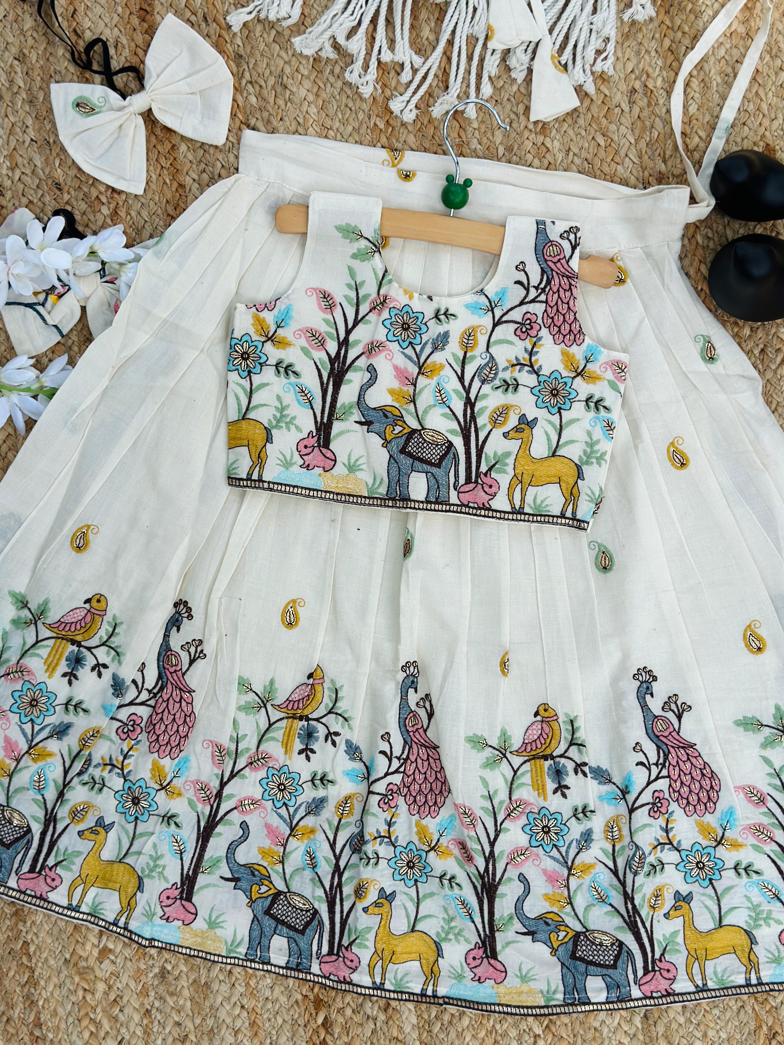 Byzantine Premium EmbroideryWork On Khadi Cotton Fabric Kids Lahenga Choli