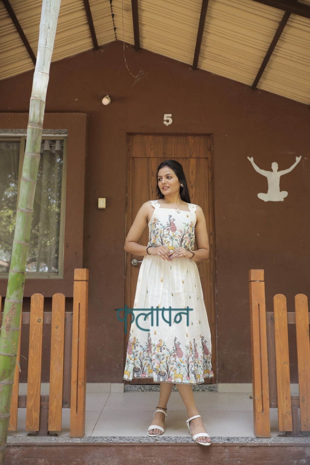 Flamingo Embroidery Work On Pure Khadi Cotton Fabric maxi Frock