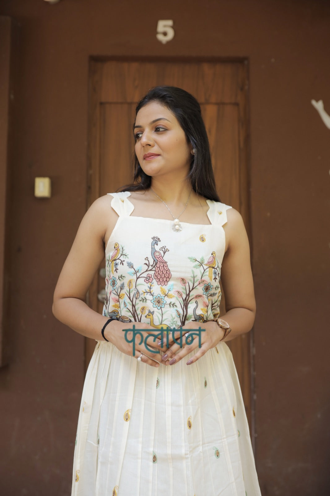 Flamingo Embroidery Work On Pure Khadi Cotton Fabric maxi Frock