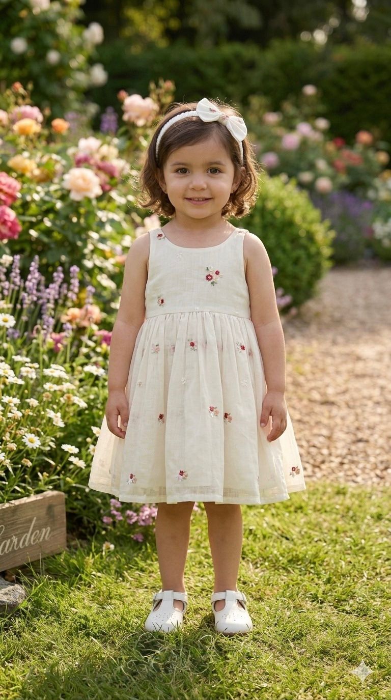 Hand-Embroidered Sleeveless Girl’s Frock – Vintage Floral Occasion Wear