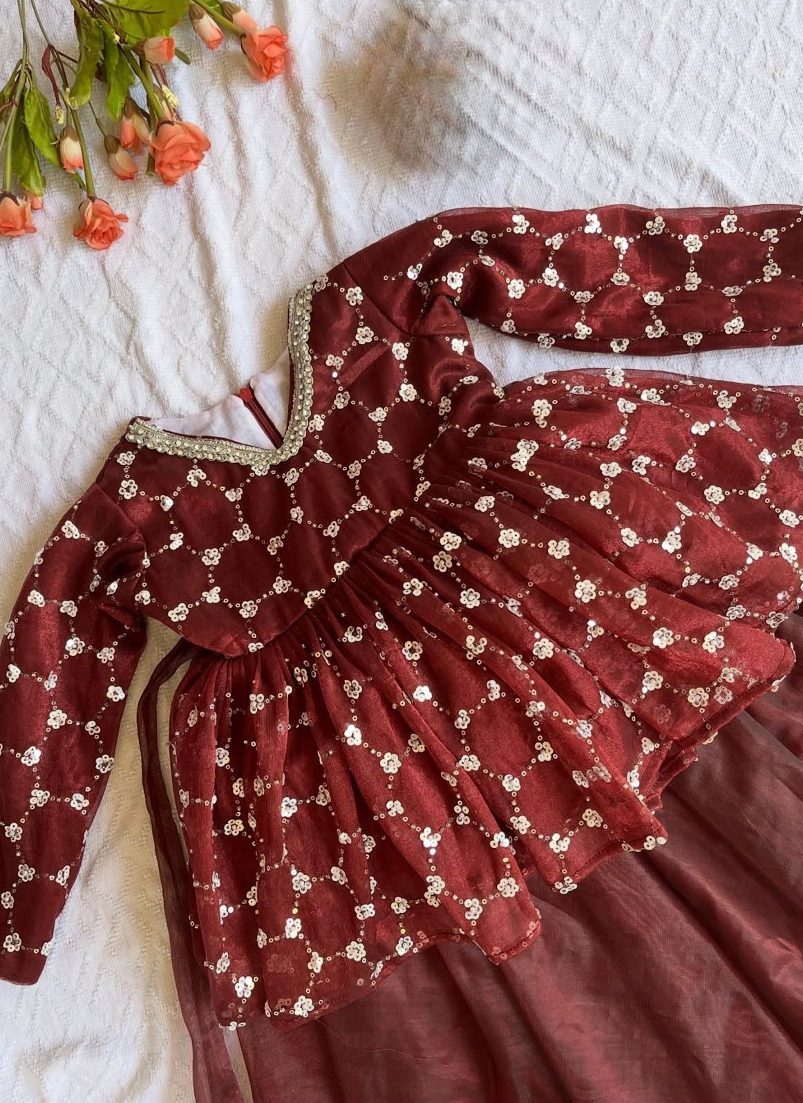 Girls' Regal Wine Twill Net Lehenga Choli Set with Geometric Pearl-Work Velvet Peplum Top