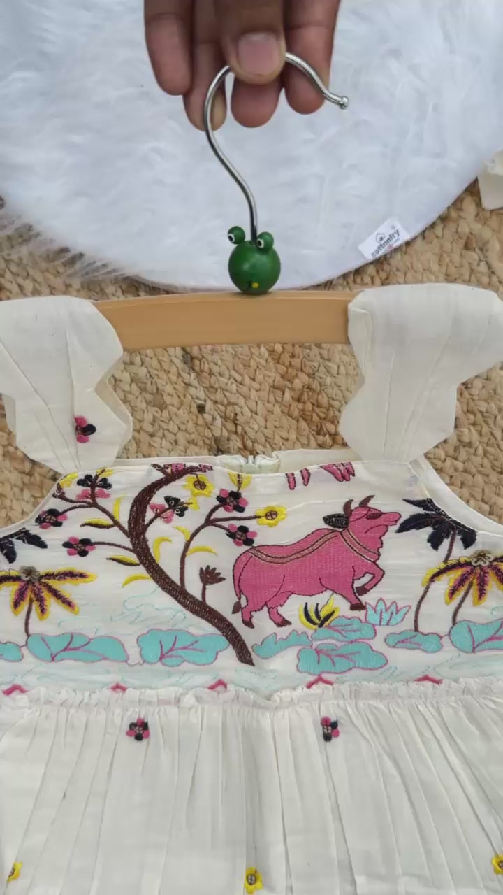 Pearlesecnt Embroidery Work on Khadi Cotton Fabric Kids Frock
